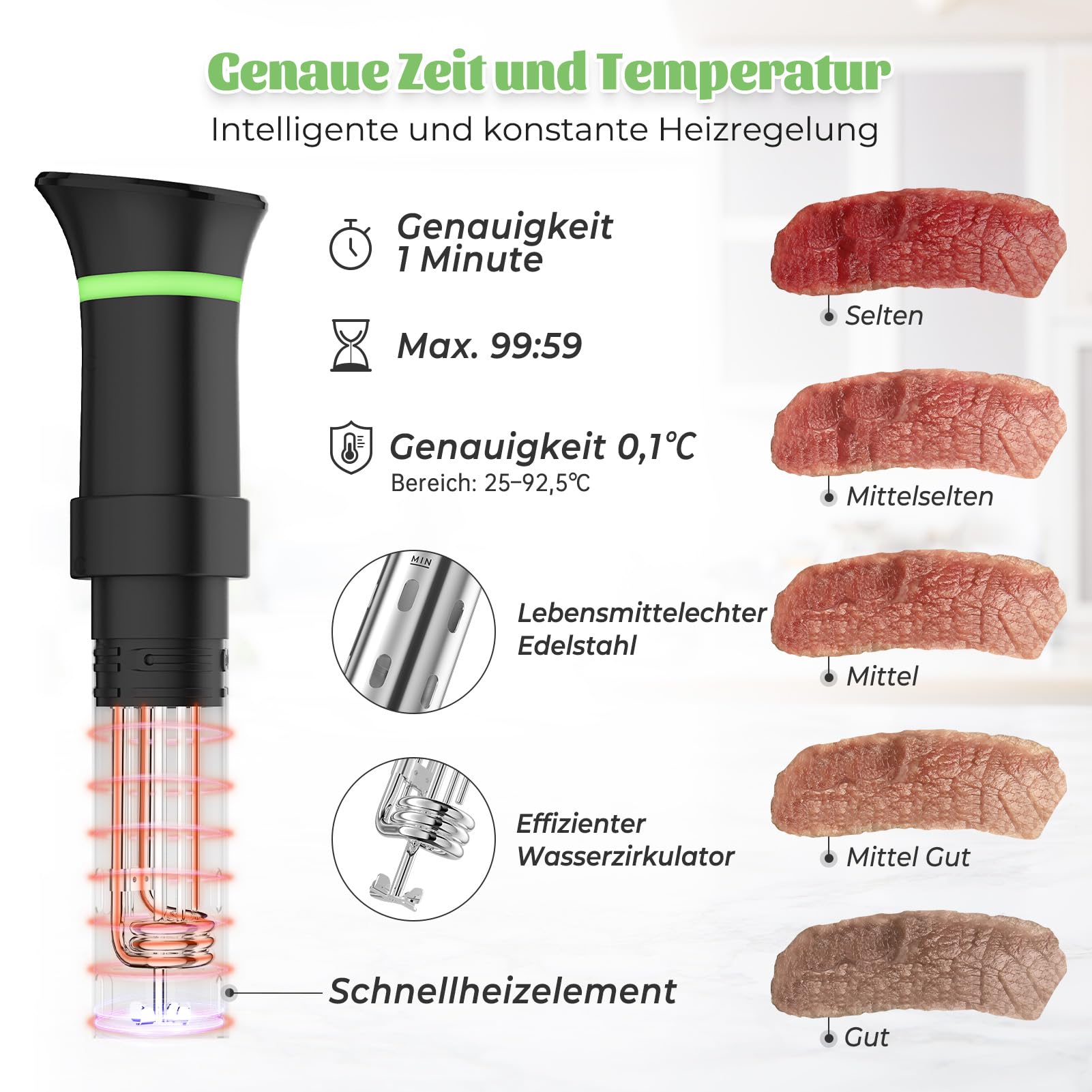 Sous Vide Garer Sous Vide Stick mit LCD Touchdisplay Eintauchthermostat Timer Sous-Vide Garer 1000W für Behälter bis 25-92,5℃ Slow Cooker 360° Präzisionskochtopf Immersion Zirkulation