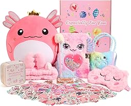Axolotl Gift Set for Girls，Cute Axolotl Themed Gift Box with Fluffy Diary with lock and keys, Stickers, Pen and More Axolotl Accessories, Christmas Birthday Gifts for Girls