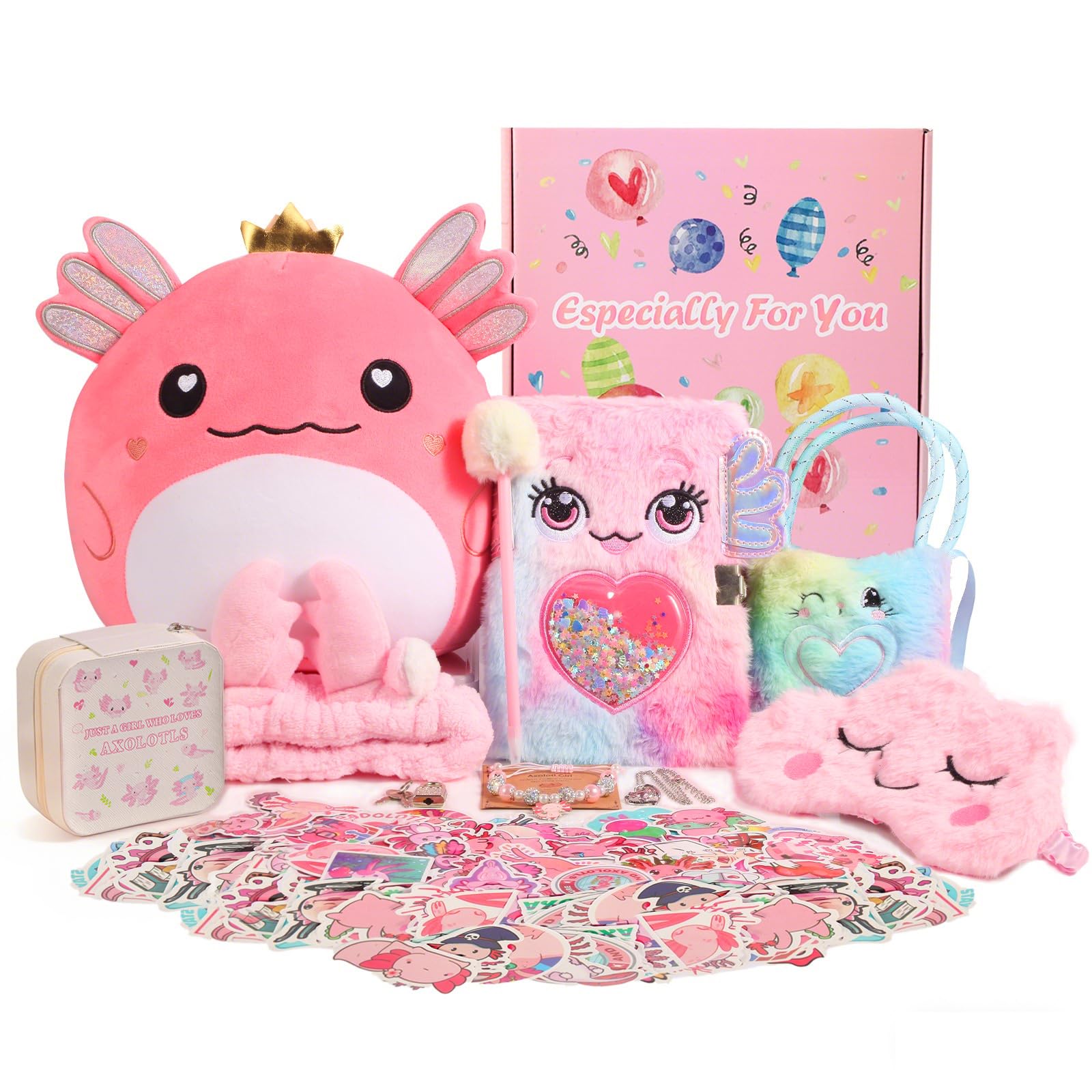 Axolotl Gift Set for Girls，Cute Axolotl Themed Gift Box with Fluffy Diary with lock and keys, Stickers, Pen and More Axolotl Accessories, Christmas Birthday Gifts for Girls