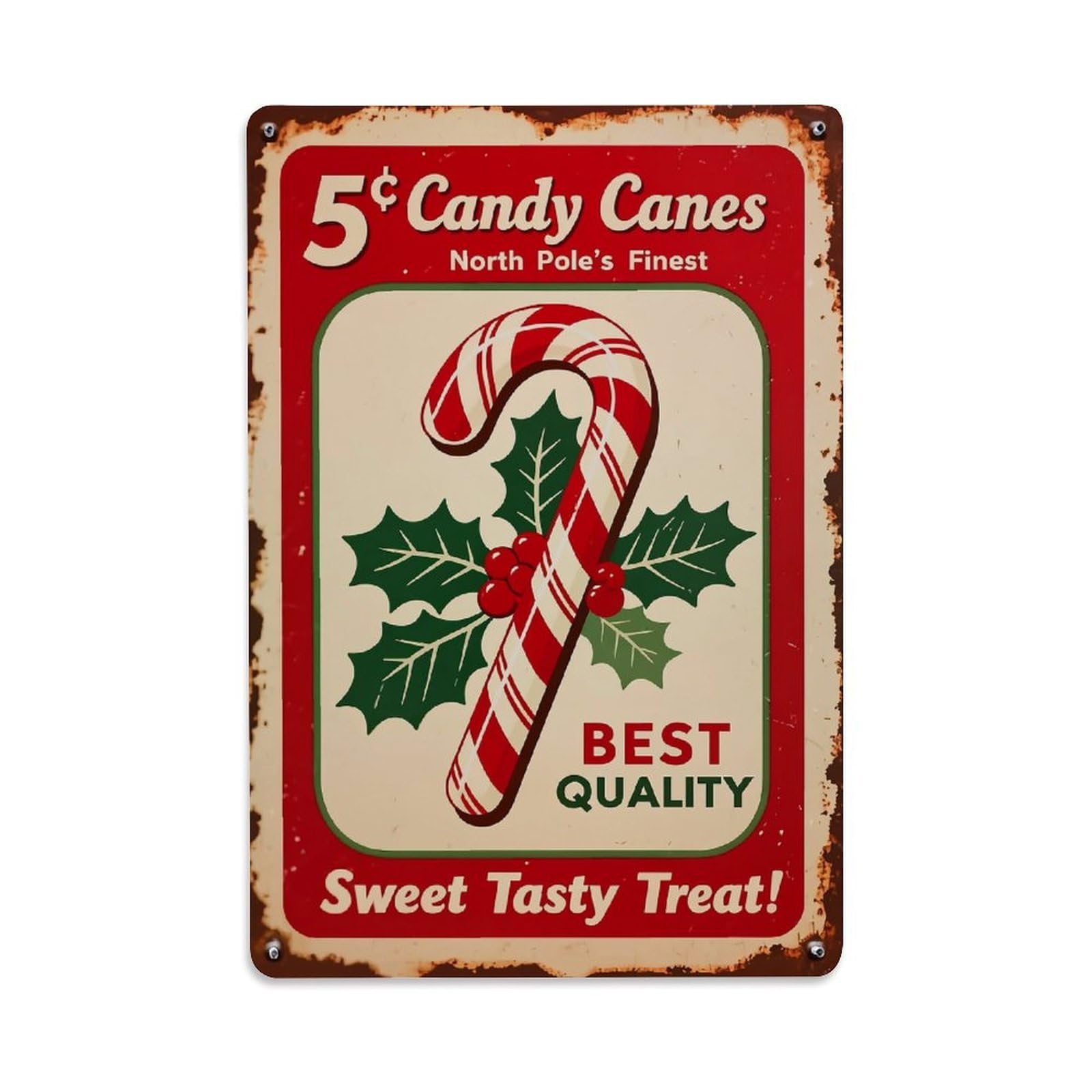 Candy Cane Holly Berries Stripe Tin Sign Metal Poster Vintage Metal Signs for Home Man Cave Bar Cafe Kitchen laundry room Wall Decorations Gift 8x12Inch