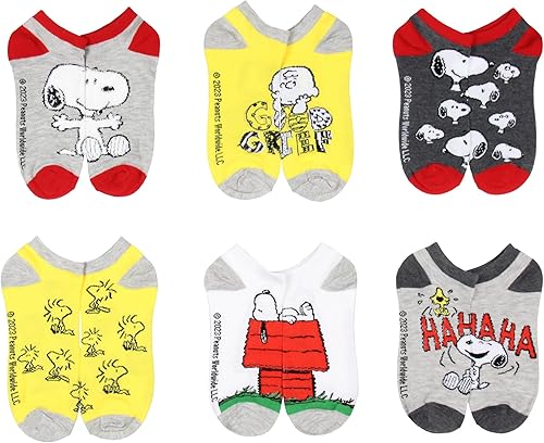 Peanuts Charlie Brown Snoopy y Woodstock - Calcetines tobilleros invisibles, paquete de 6 pares, Varios colores