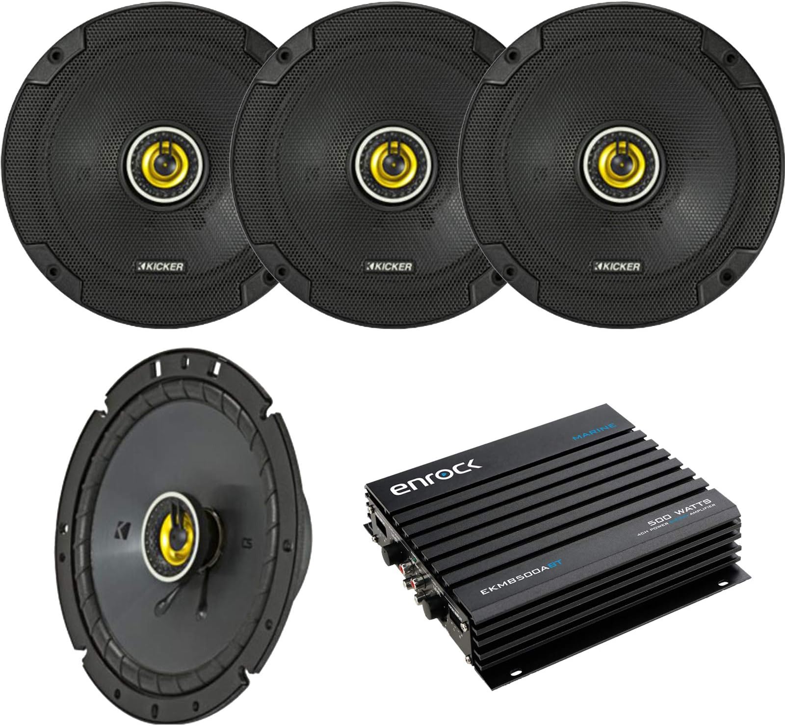 Car Speaker with Amplifier Set - 4 x CS Series 6-3/4 Inch 2-Way Coaxial 300W Car Stereo Automotive Speakers + Enrock 400W 4-Channel Bluetooth Car/Marine Amplifier