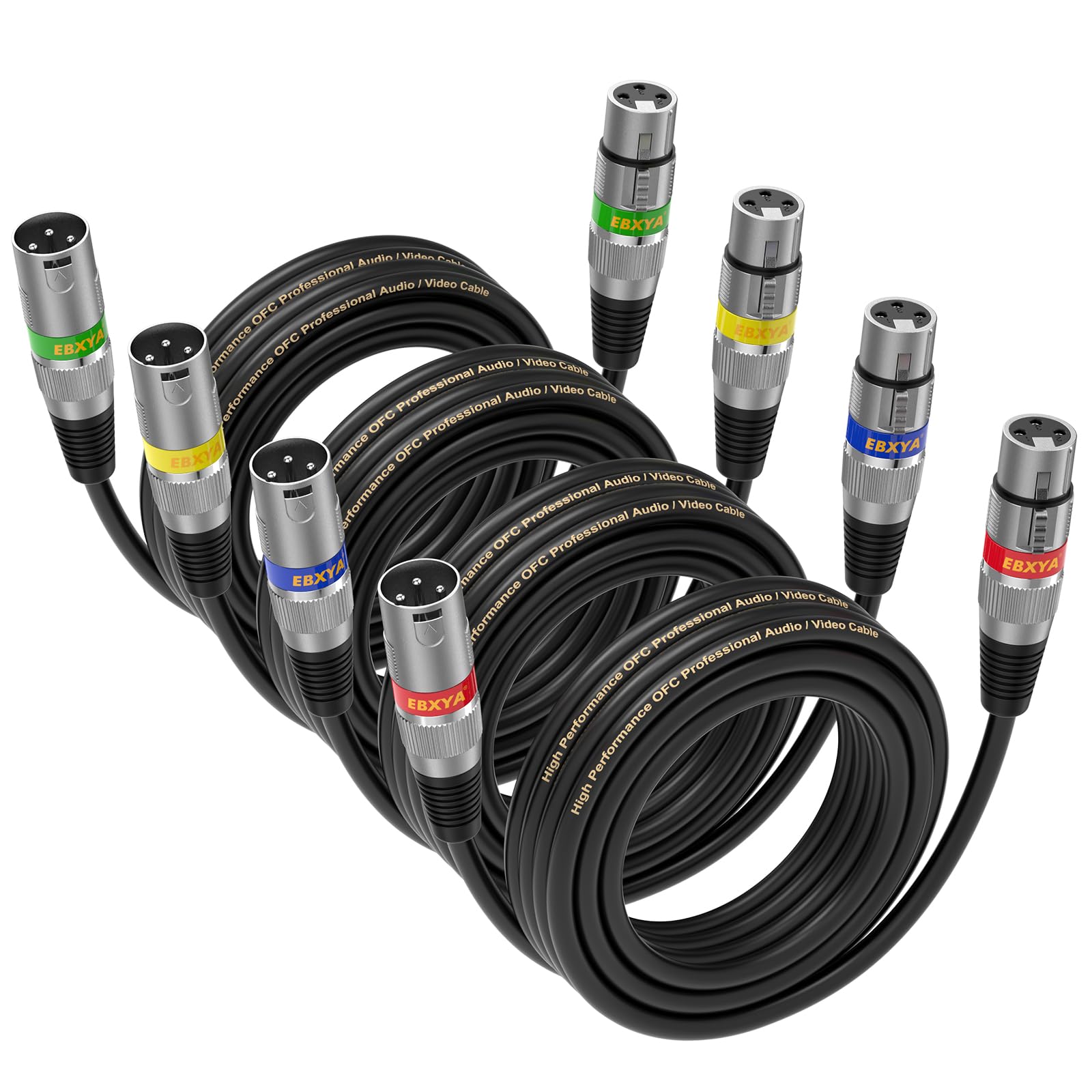 EBXYA Câble Microphone Pack de 4 5M XLR Mâle vers Femelle Symétrique Blindé pour Enregistrement en Studio, Sonorisation Live et Table de Mixage à Alimentation Fantôme