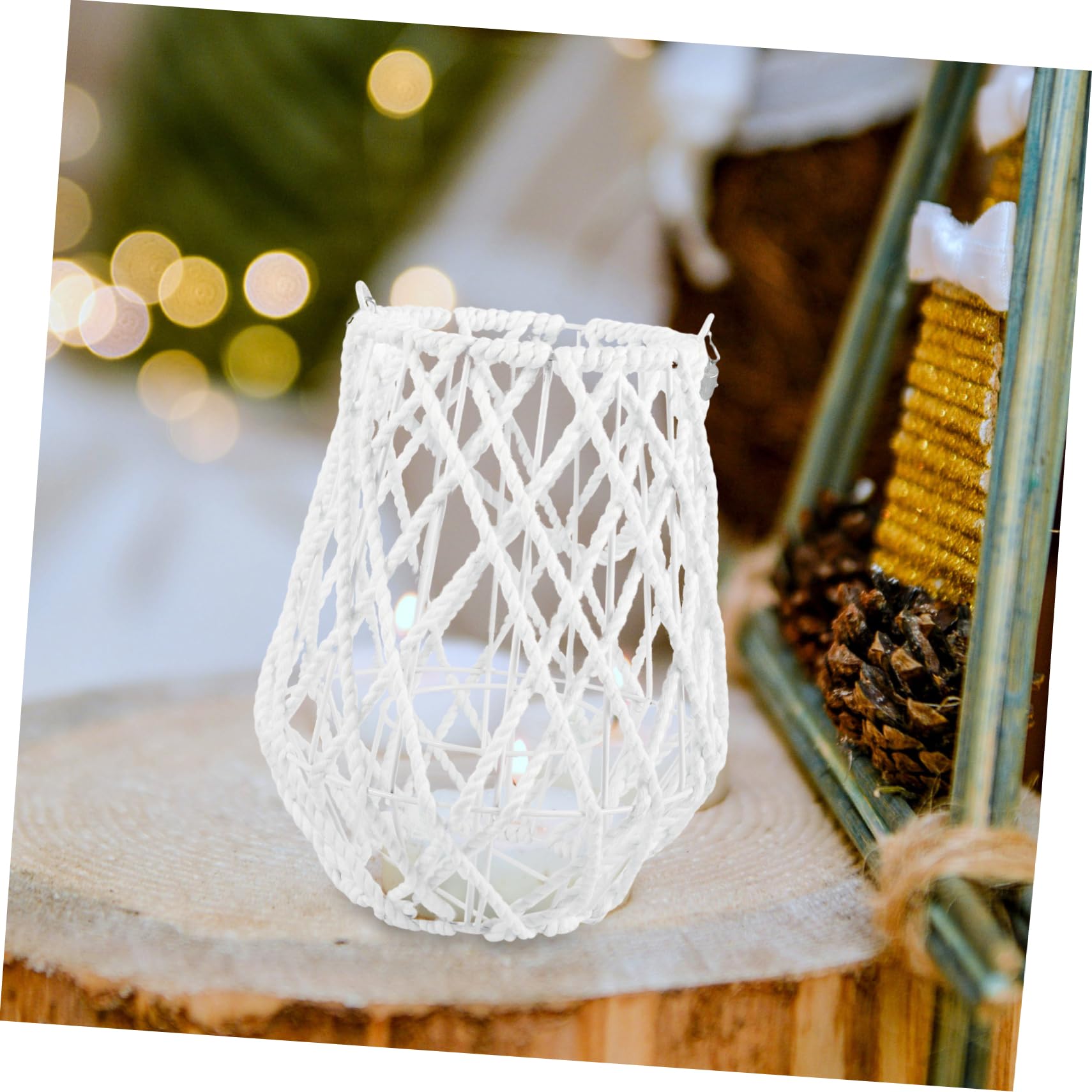 Candelabro de Linterna Tejida, Portavelas Geométrico de Hierro y Hilo de Algodón, Decoración para Jardín y Salón, Blanco
