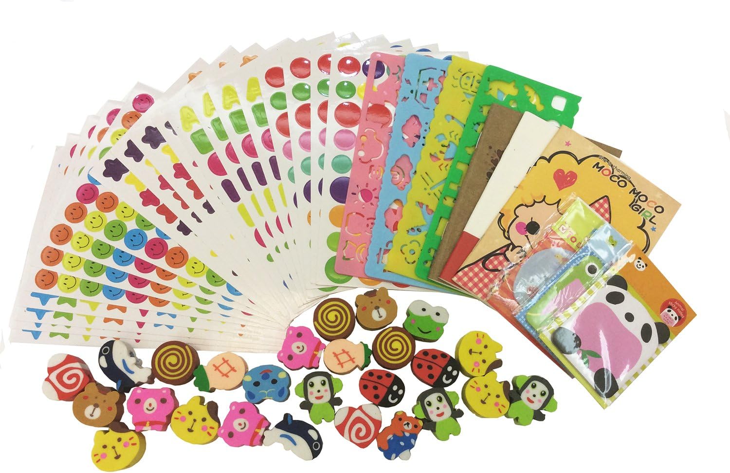 50Pcs School Supply Stationary Set and Stationary Gift Set,Pencil Top Erasers,Drawing Stencils,Kids stickers,Note pads,Memo
