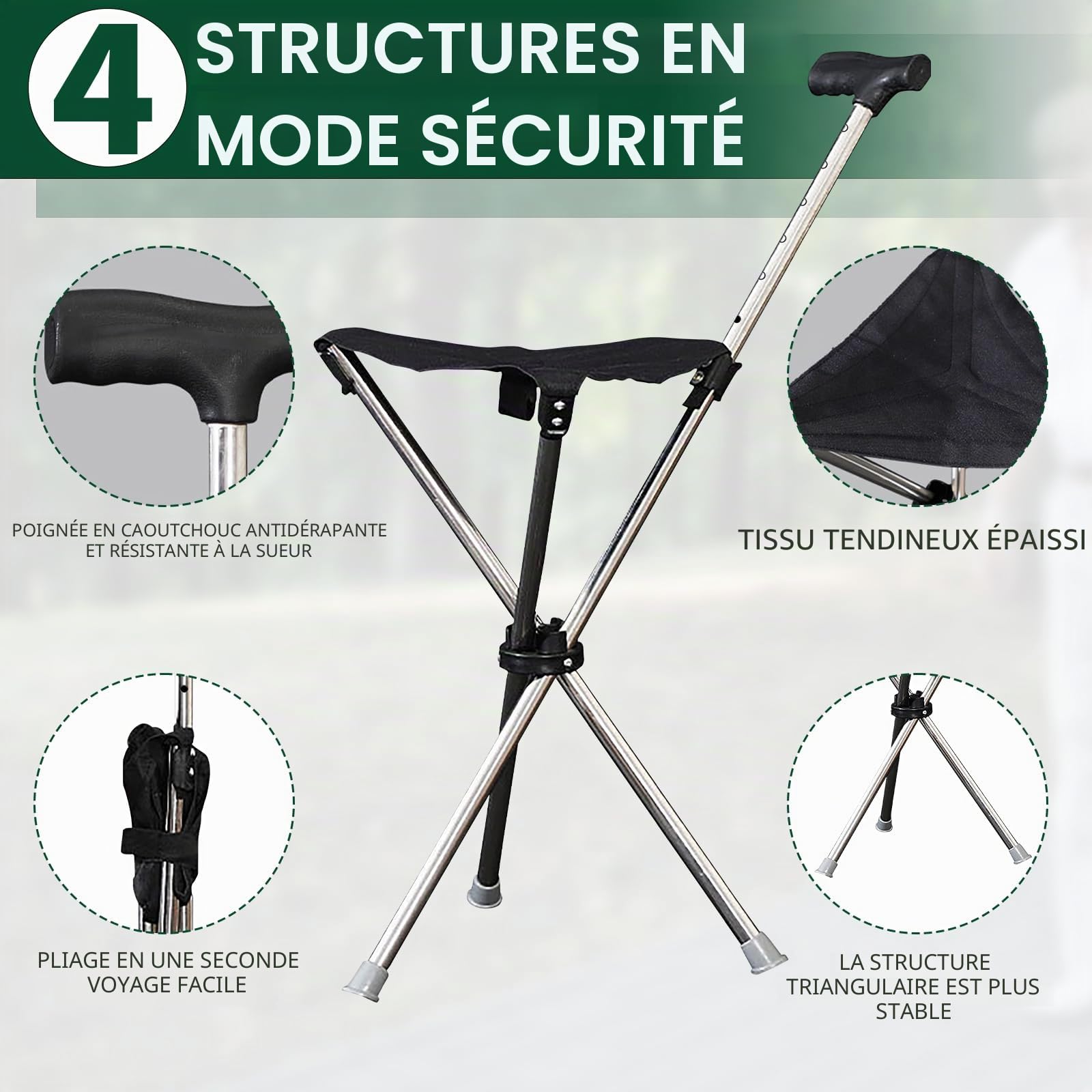 Bâton de marche avec assise pliable 80-90 cm avec assise et base en silicone antidérapant portable, léger avec capacité de charge de 100 kg pour personnes âgées de 140-190 cm