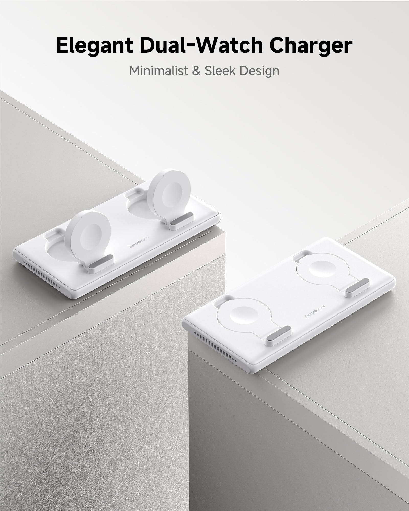 SwanScout Doppio Caricatore per Apple Watch, Caricatore per Apple Watch Ultra 3/Ultra 2/Ultra/SE/11/10/9/8/7/6/5/4/3/2, Stazione di Ricarica per 2 Orologi, SwanScout 507DA (Bianco)