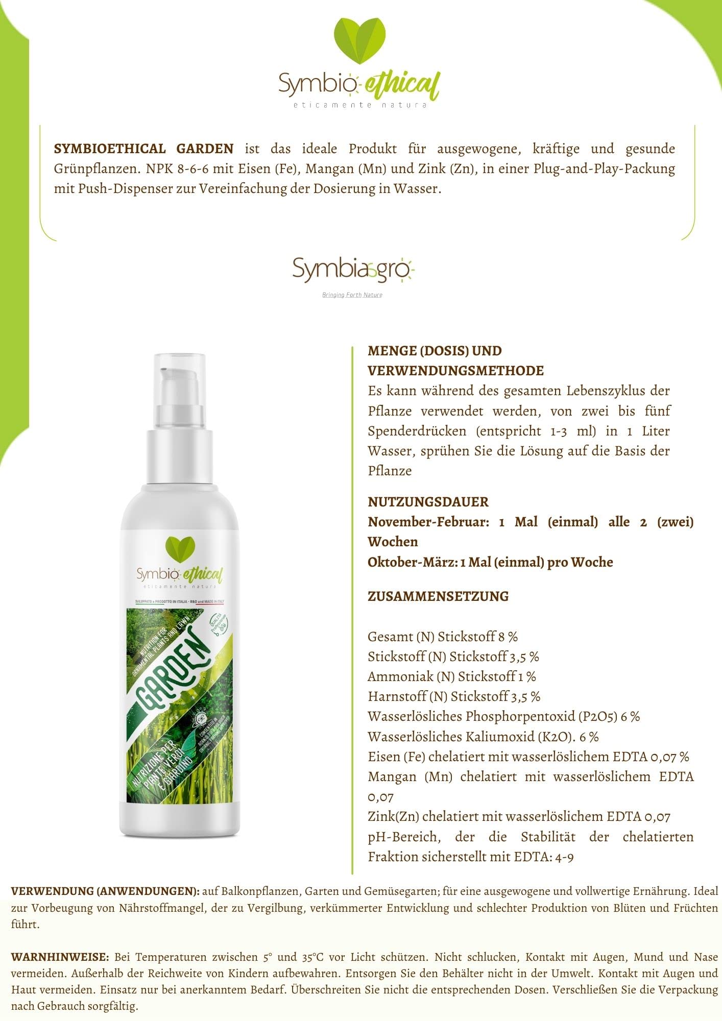 SYMBIOETHICAL - GARDEN, Konzentrierter NPK-Dnger fr Gartenpflanzen,  ausgewogene und ppige Ernhrung, Made in Italy, 500 ml : Amazon.de: Garten