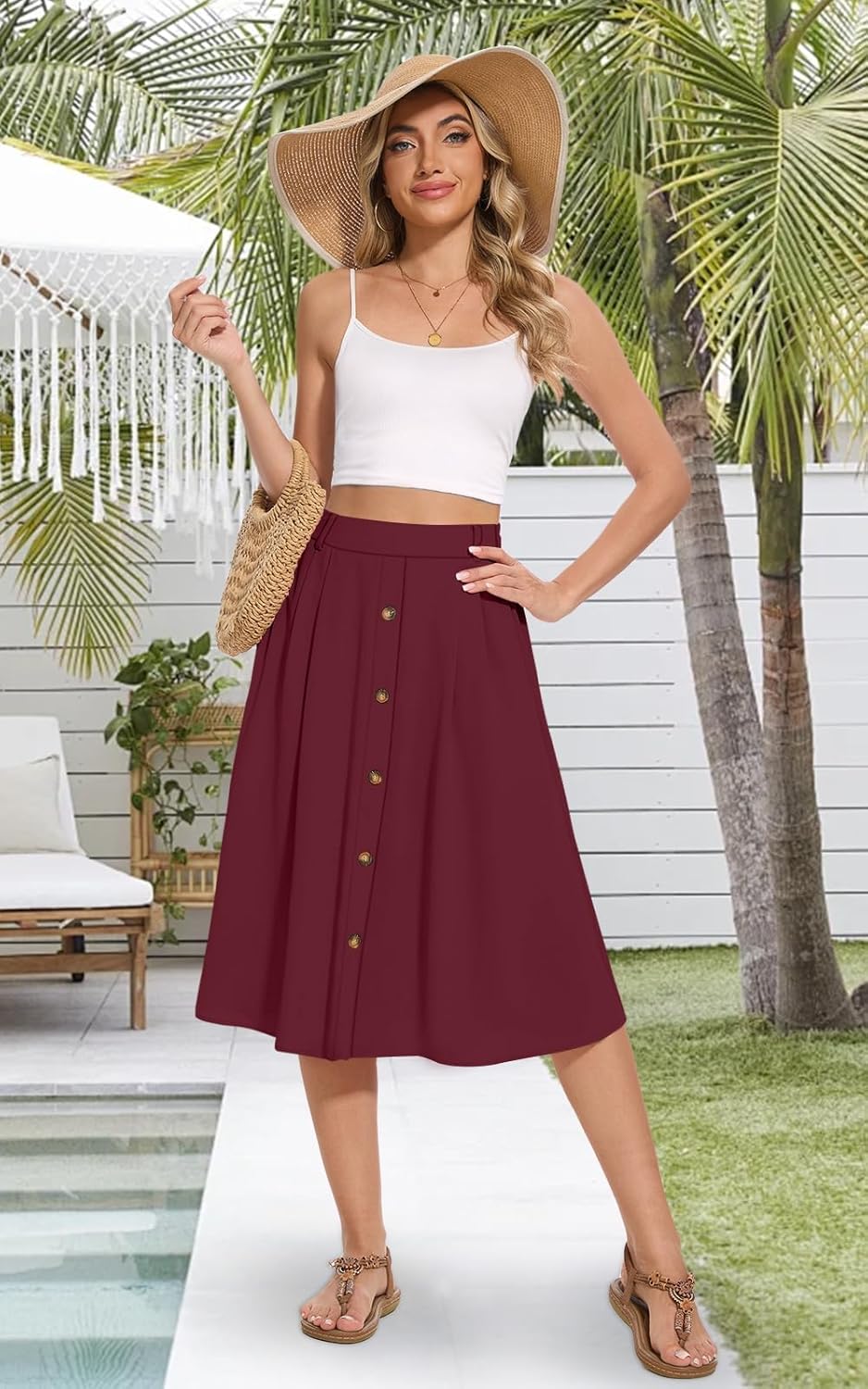 Yincro Women's Flowy Midi Skirt Summer Pleated High Waisted Casual Button Front Skirts with Pockets - Image 3