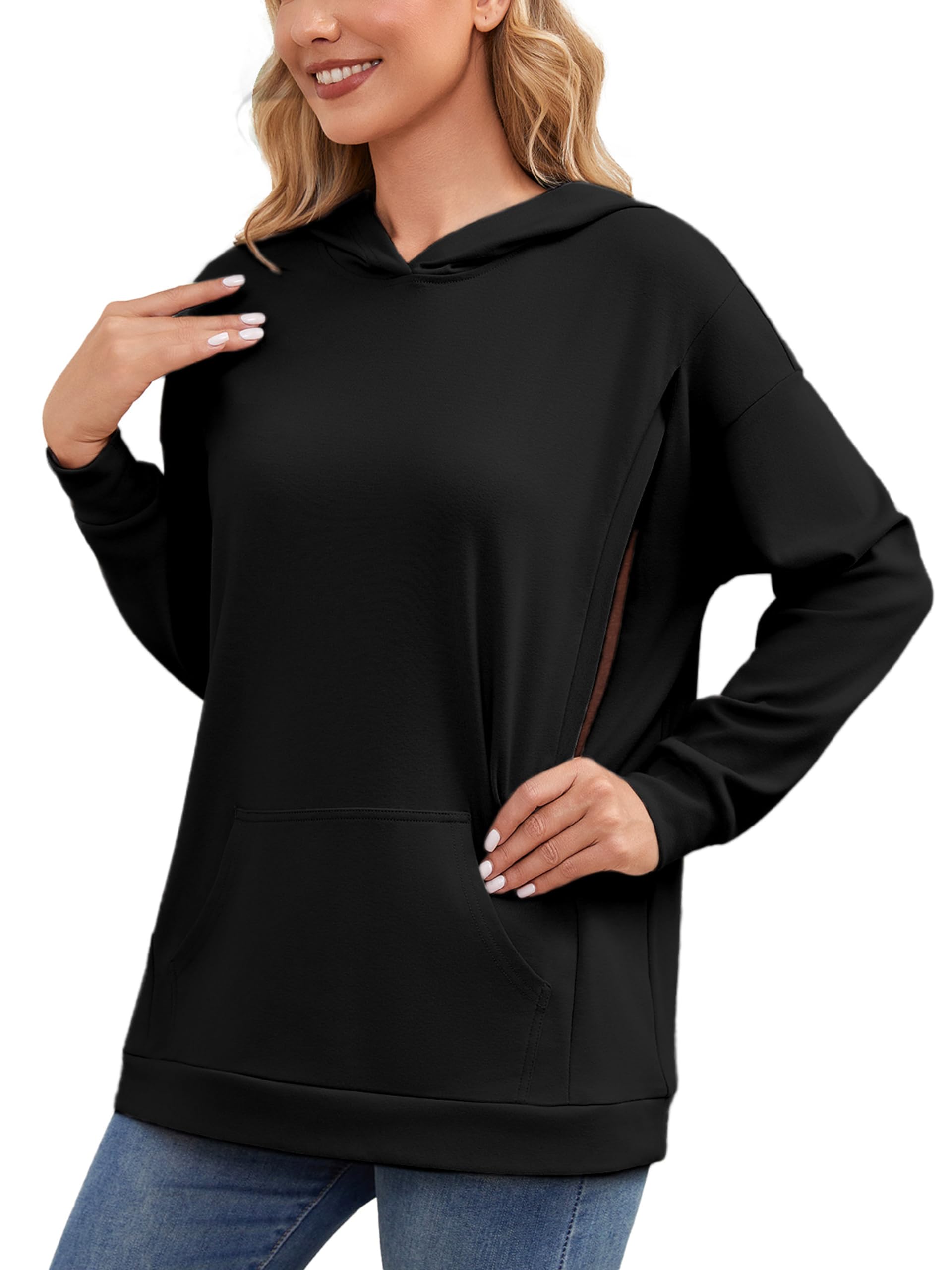 Ecavus Damen Umstands-Still-Sweatshirt mit verstecktem Reißverschluss, lange Ärmel, Übergröße