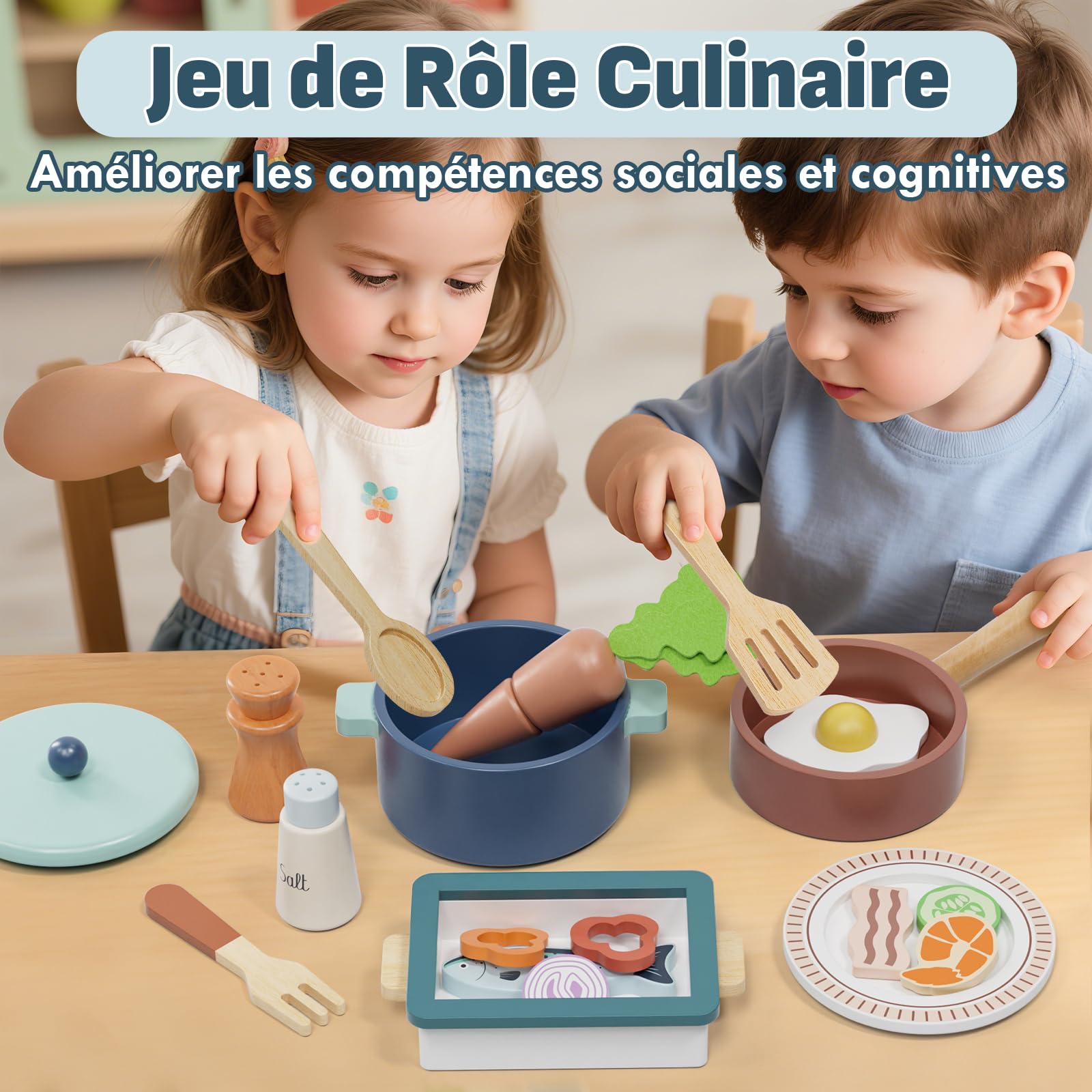 Lehoo Castle Accessoire Cuisine Enfant, Dinette et Pots, Dinette en Bois, Ustensile Cuisine Enfant, Legumes Jouet, Jouet Éducatif Éveil Montessori