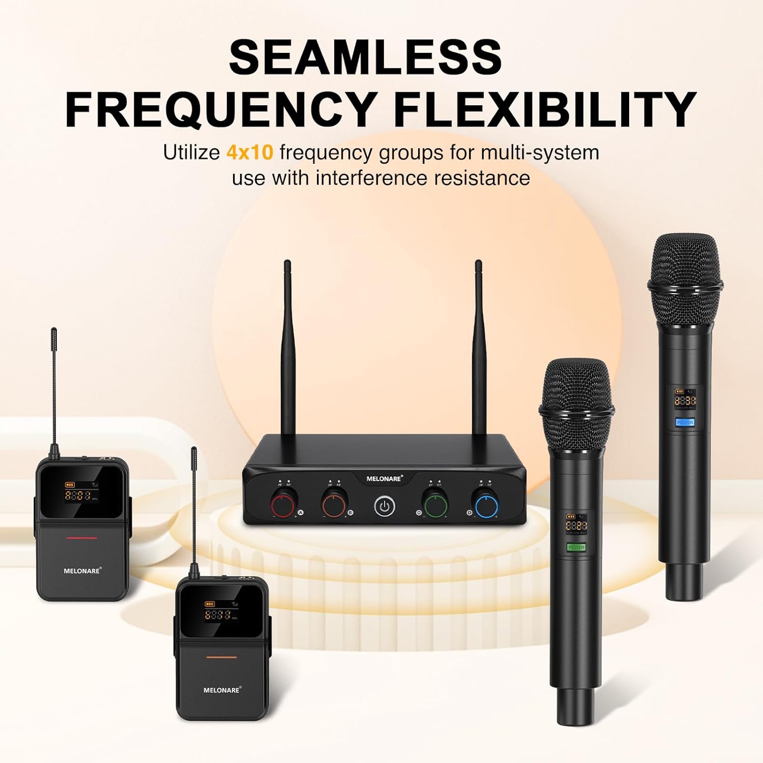 4-Channel Wireless Microphone System,UHF Cordless Mic Set w/ 4x10 Frequencies, 200ft, 2 Handheld Dynamic Mics, 2 Bodypacks & Headset/Lapel Microphones for Singing, Karaoke, DJ (MWM-41-2H2B) - Image 4