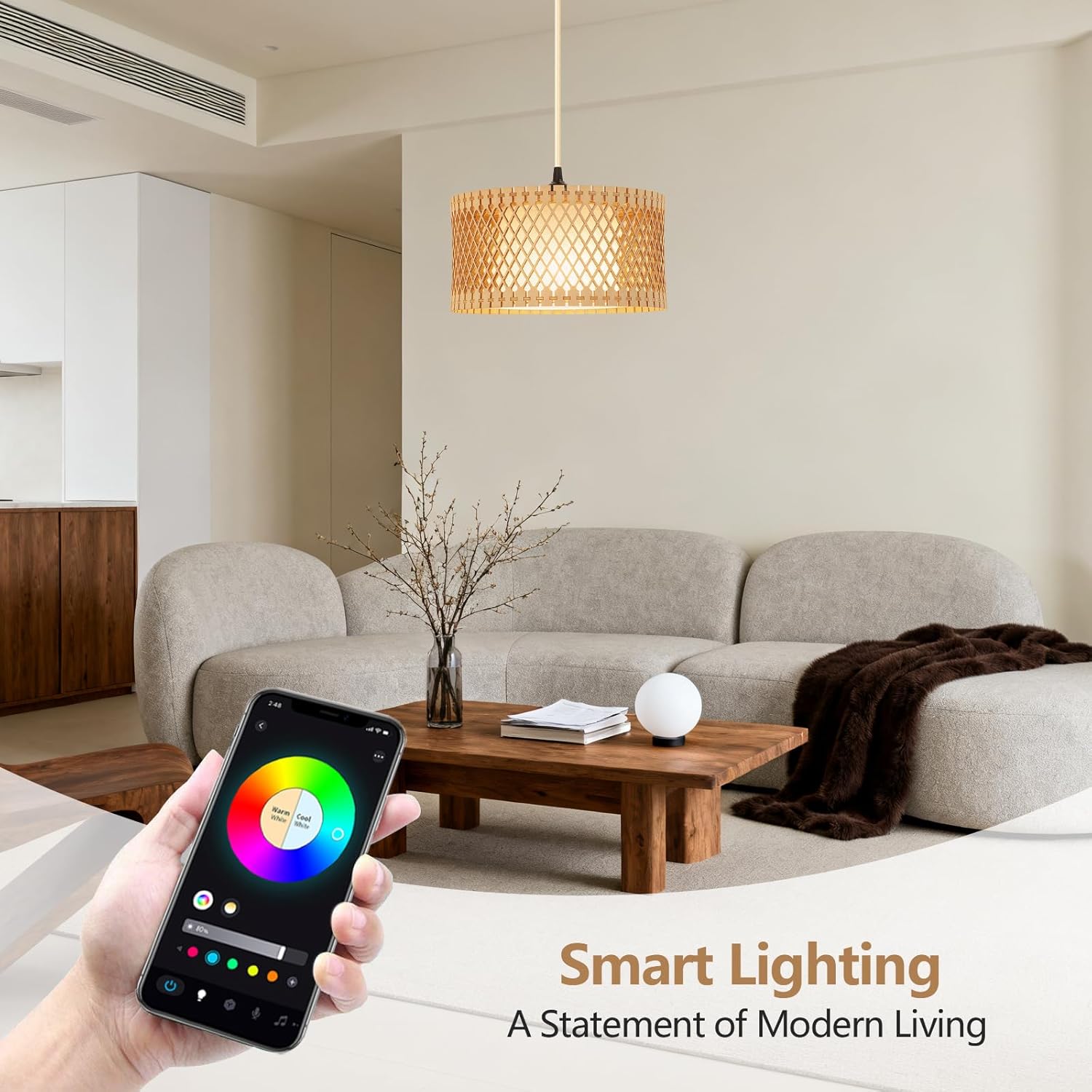 Hanging Lamp Plug in Pendant Light, 15FT Hanging Lights with Plug in Cord, Hanging Light with Bulb and Remote, Wood Shade Hanging Lamps for Bedroom, Living Room, Kitchen, Farmhouse