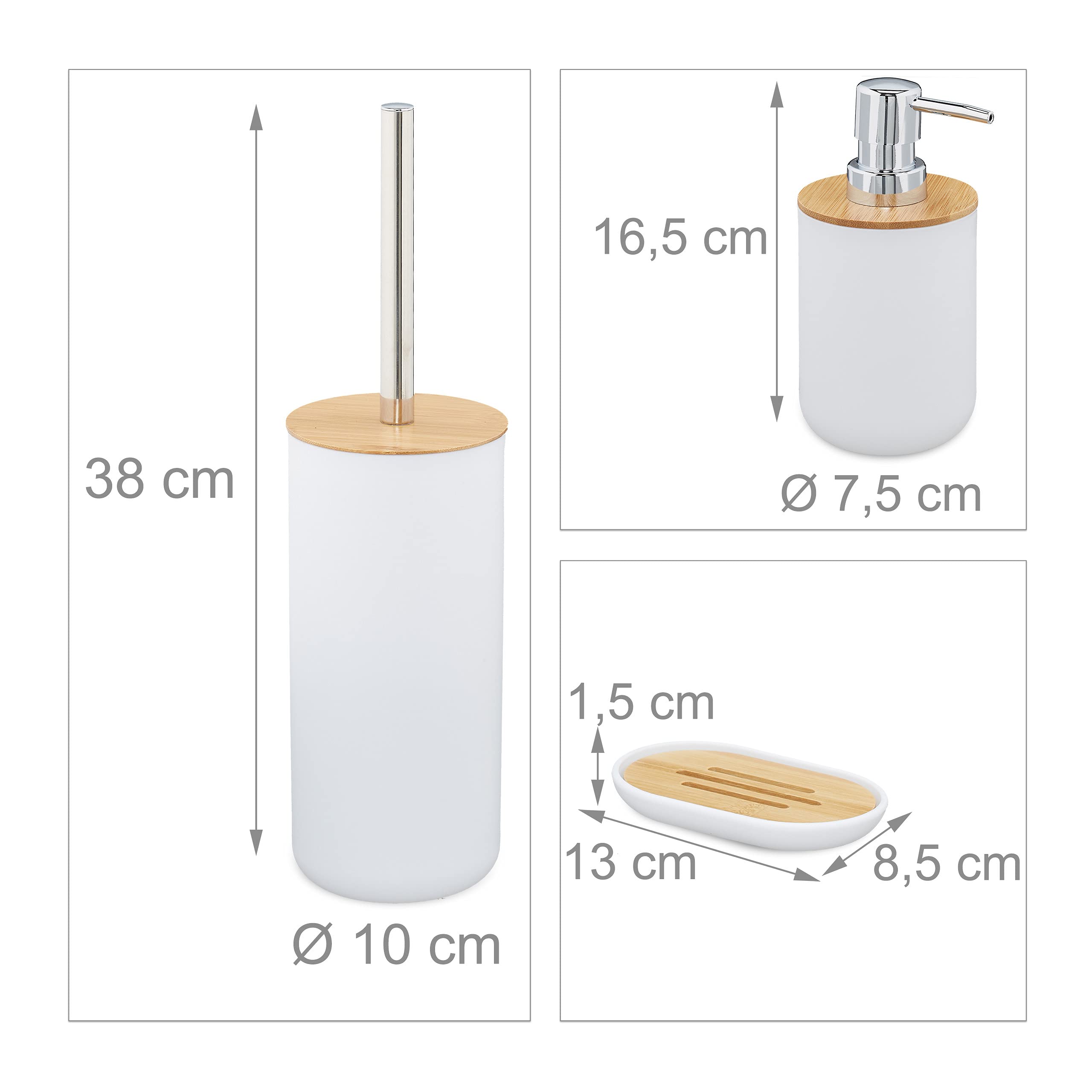 Relaxdays Accesorios de Baño 6 Piezas, Dispensador Jabón, Vaso, Portaescobillas, Bambú, Plástico, Blanco