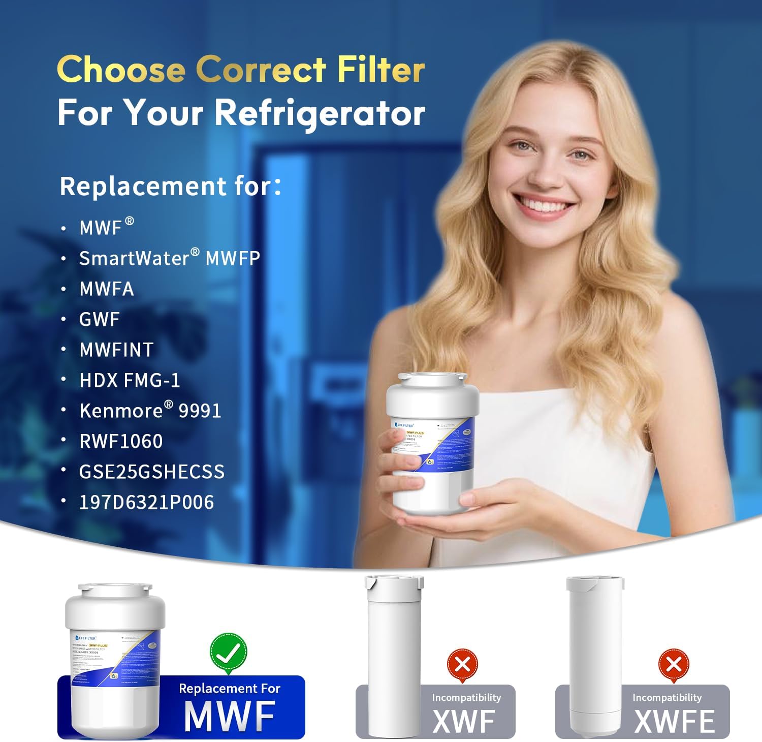 Lifefilter Plus NSF/ANSI 53 Certified Water Filter Compatible with MWF Refrigerator Water Filters, SmartWater MWFP, MWFA, GWF, HDX FMG-1, WFC1201, RWF1060, 197D6321P006, Kenmore 9991, 3 Pack