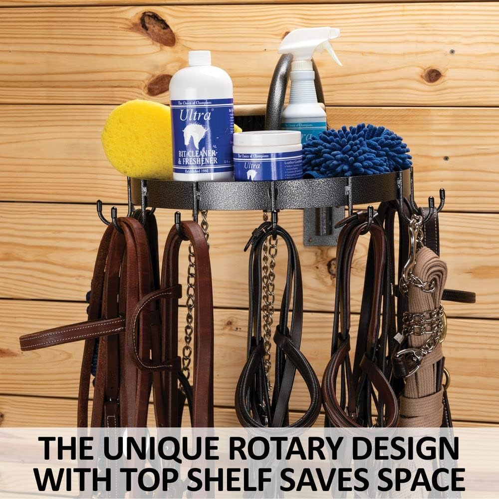 EASY-UP Pro Mounted Rotary XL Bridle Rack | Rotary Design | Space-Saving | 12 Tack Hooks | Top Shelf for Supplies | Horse Stable Essential | Color Gray