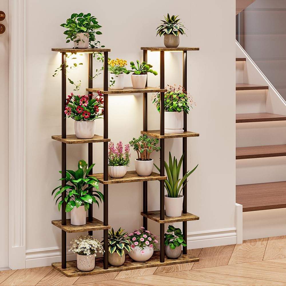 plant stand indoor with grow light, corner tiered metal plant shelf for Indoor Plants Multiple, Plant Rack Display Flower Holder for Living Room, Patio