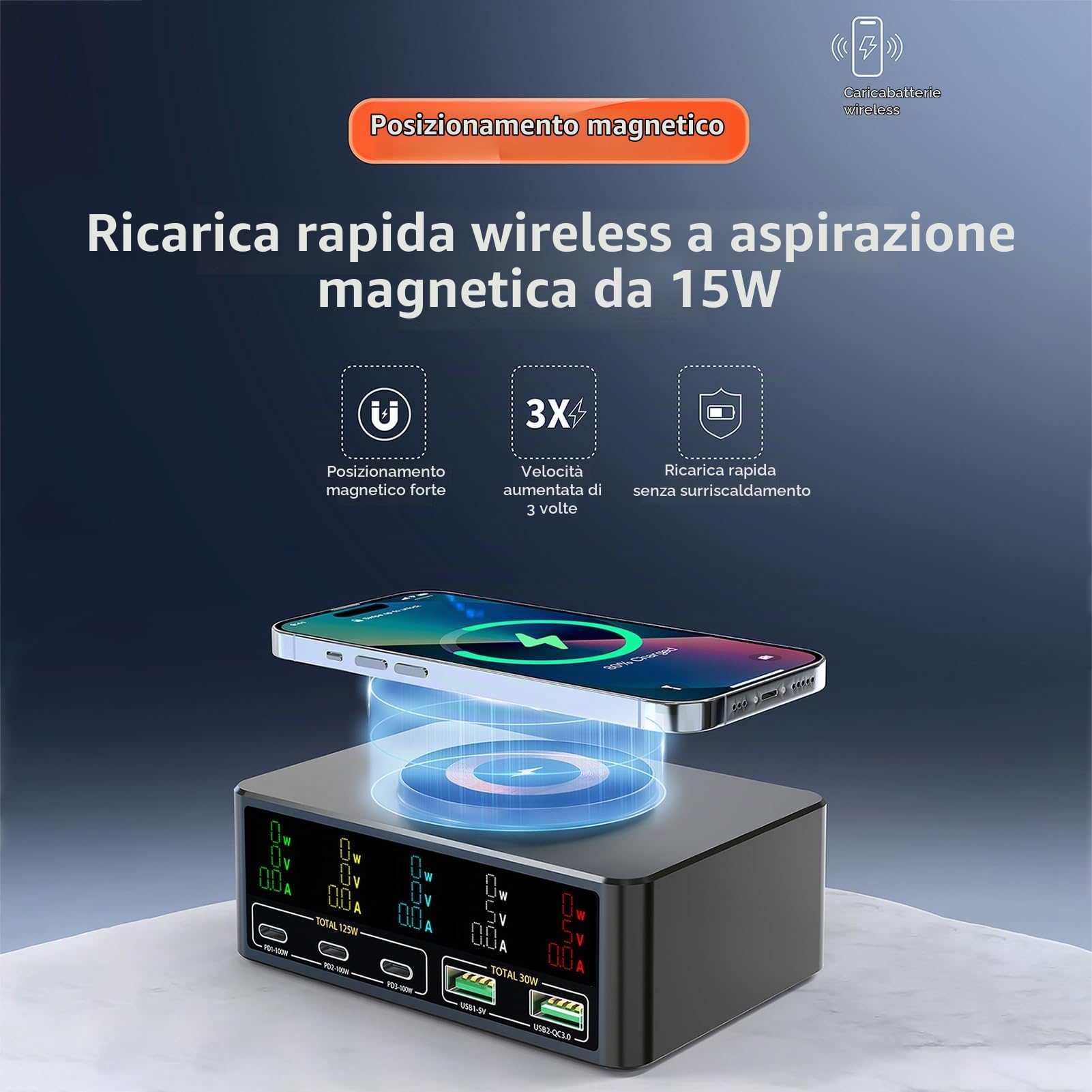 Docooler Power Fast Charging Hub 140 W Stazione di ricarica USB Multiporta Desktop Multiport Ricarica USB 15 W Magnetico Wireless Display in tempo reale per cellulare Laptop