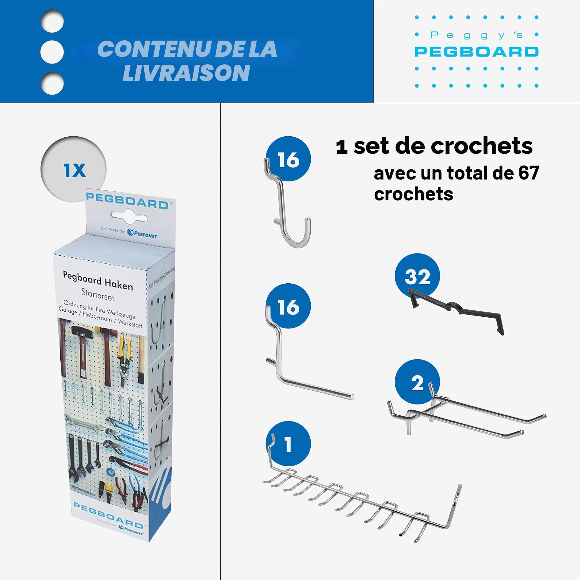 Pegboard Assortiment de 67 crochets muraux perforés pour mur d'outils dans le garage, l'atelier, la cave, l'abri de jardin, la salle de gym ou la cuisine