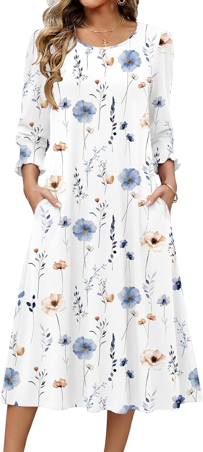 Zeagoo Summer Dresses for Women 2026 3/4 Sleeve Dress for Women Floral Midi Dresses for Casual Womens Dresses with Pockets