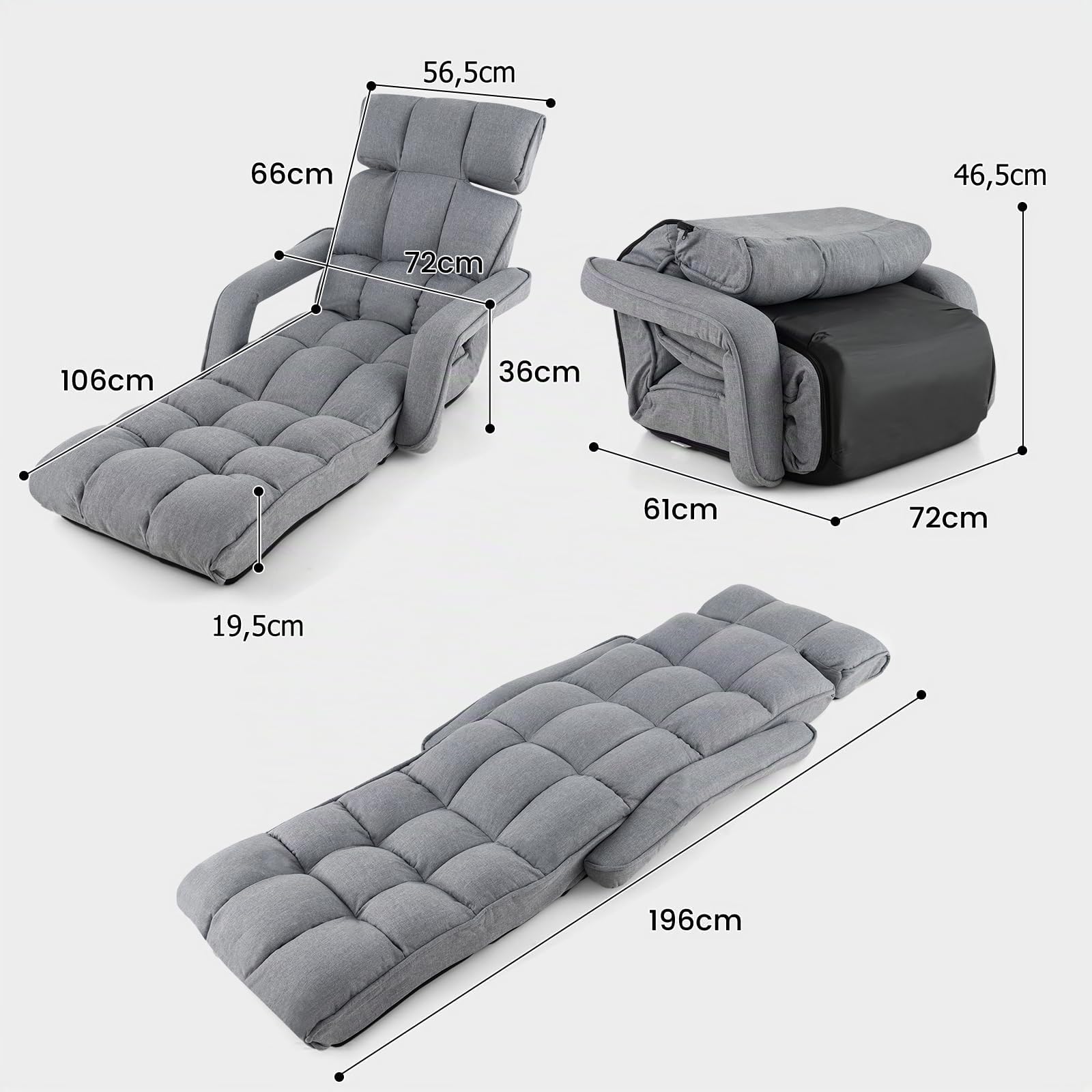 GOPLUS Sillón Relax Reclinable en 6 Posiciones, Sillla Suelo Plegable con Cojín Acolchado, Sofá Orejero Individual para Lectura y Gamer en Dormitorio,196 x 72 x 19.5 cm, Gris (Gris Oscuro)