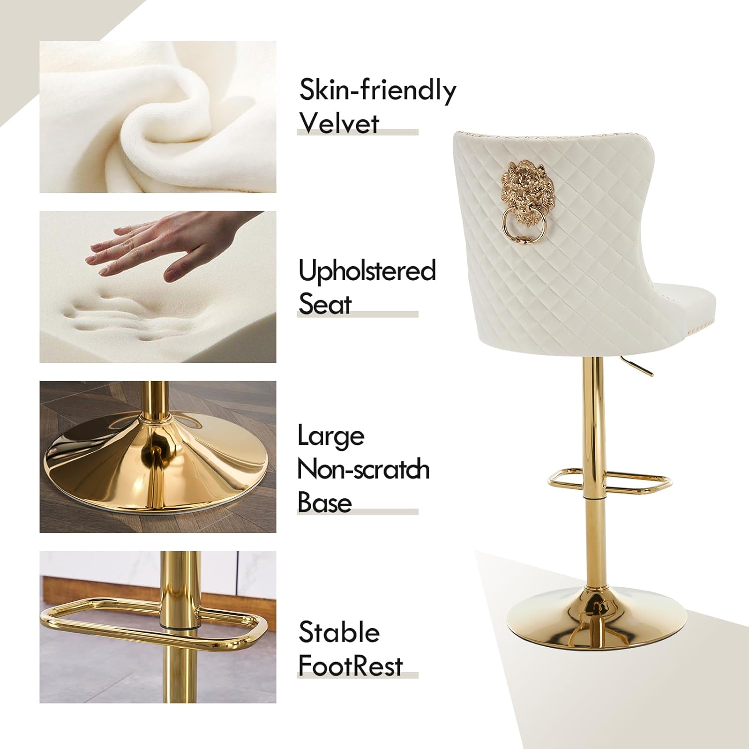 Modern Barstools Set of 4 Adjustable Velvet Bar Stools Counter Height Stools with Back, Upholstered Swivel Bar Chair with Golden Base and Footrest for Kitchen Island/Dining Room, Cream