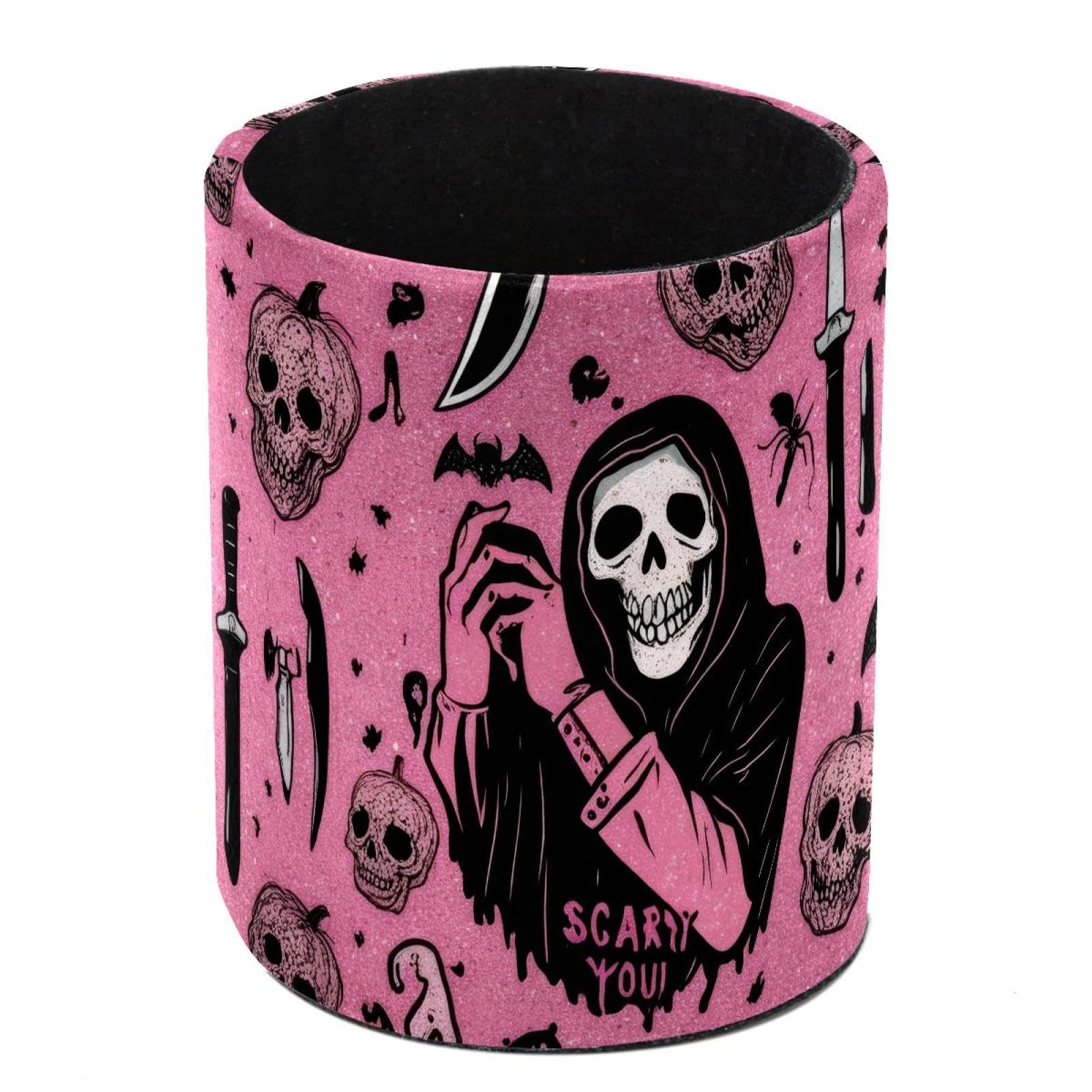 HEOEH Halloween Scarry Skulls Pen Holder for Desk, PU Leather Pencil Holder Pen Cup Marker Holder Makeup Brush Holders, Desk Accessories & Workspace Organizers for Home, Office