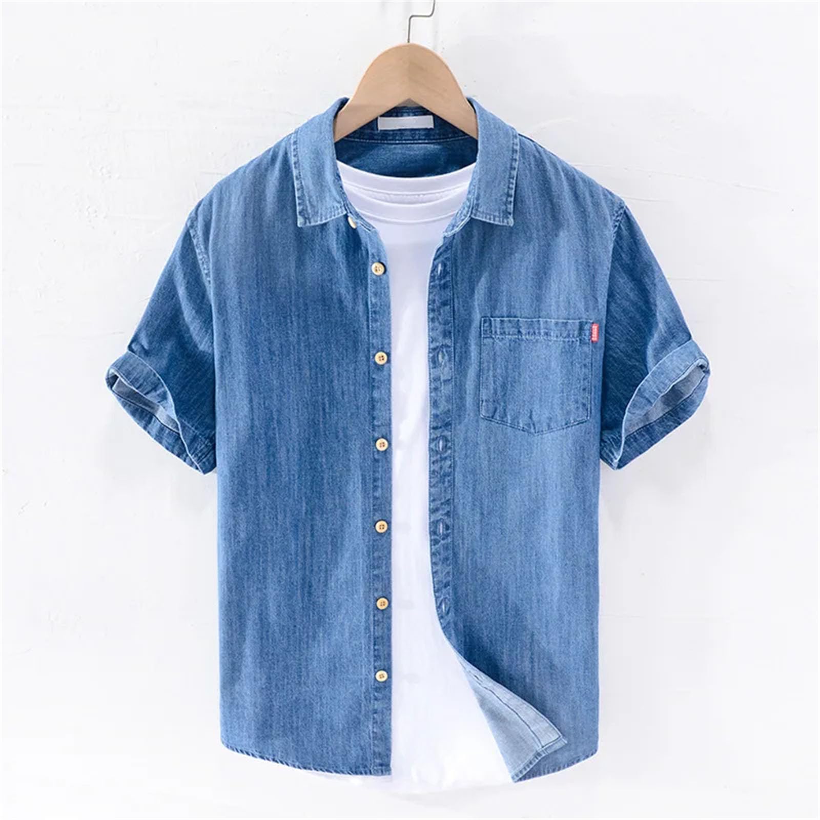 Camicia da uomo in denim sottile a mezza manica casual top allentato alla moda bella camicia a maniche corte in denim a maniche corte