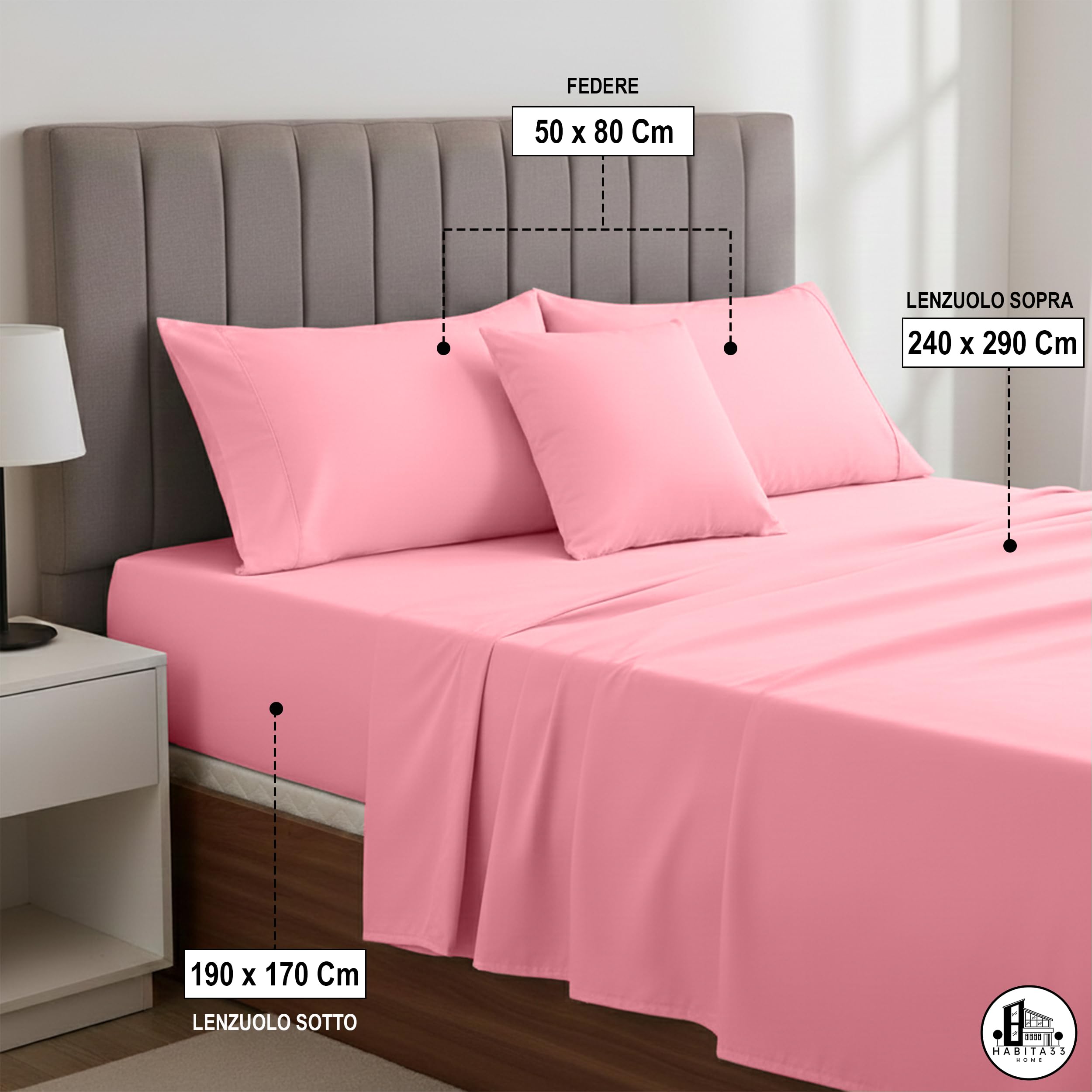 Lenzuola matrimoniali - Set letto matrimoniale completo di lenzuolo matrimoniale Sopra, Sotto con Angoli e Federe - Lenzuola matrimoniali cotone blend anallergico Made in Italy (Rosa, MATRIMONIALE)