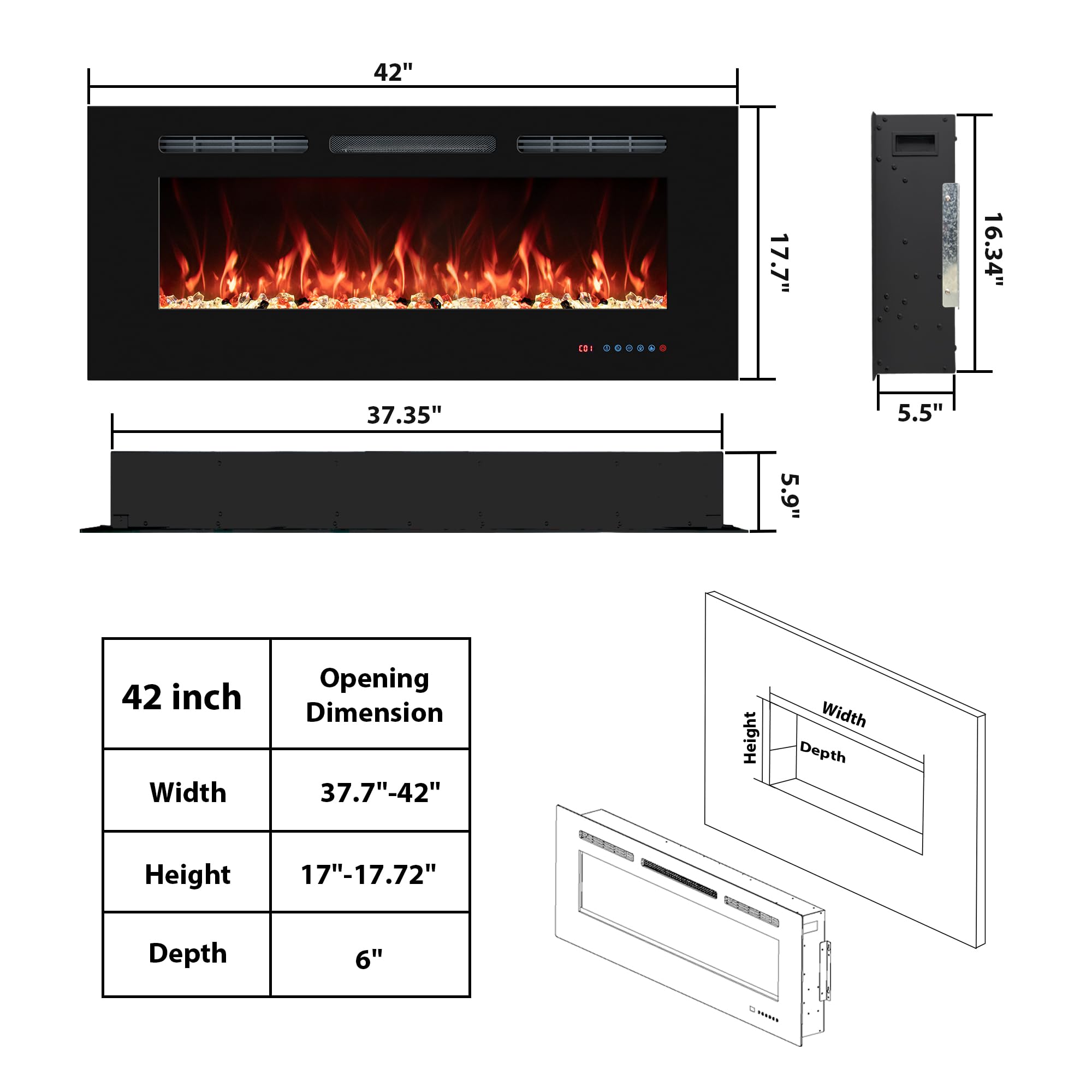 Inserti per camino elettrico da 108 cm, termostato, termostato, camino lineare con telecomando e touch screen, fiamma multicolore, timer, ceppo e cristallo, 750 W/1500 W