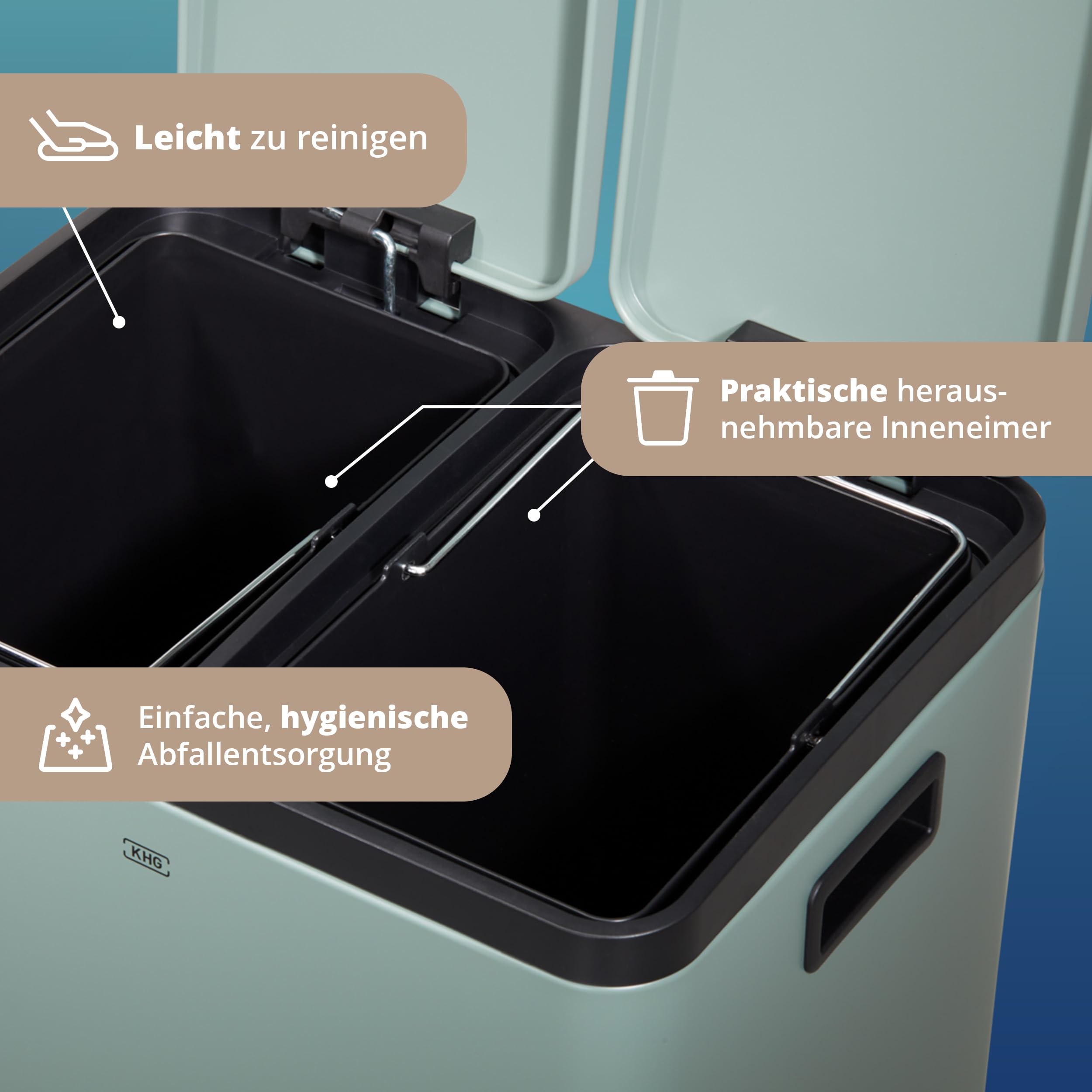 KHG Mülleimer 30 Liter (2x15L) Grün mit Tretfunktion - Abfalleimer zur Mülltrennung mit 2 separaten Deckeln, pulverbeschichtetes Eisen, herausnehmbare Inneneimer aus Kunststoff