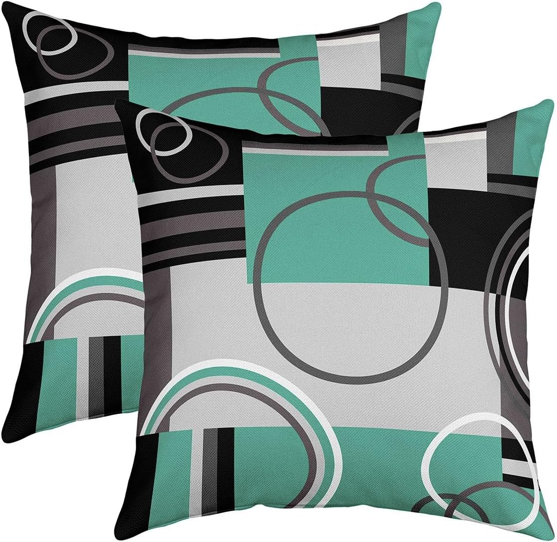 Set of 2 Modern Circles Swirls Pillow Covers 24x24 Geometric Spiral Square Cushion Covers Green Black Grey Throw Pillow Covers Abstract Gromment Plaid Graphic Decorative Pillow Covers for Outdoors