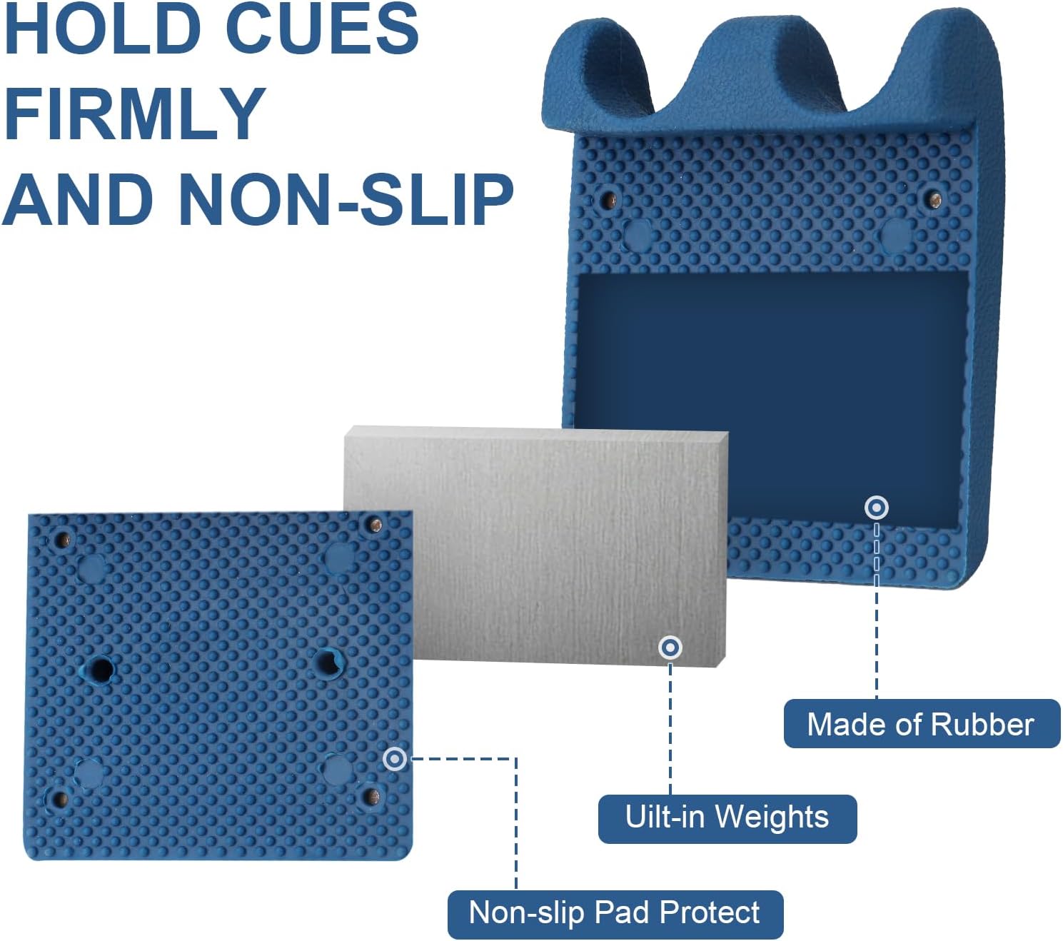 Portable Cue Holder - 2 Cue Weighted Rubber 2 Hole Stick Holder with Tip Tool (Blue)