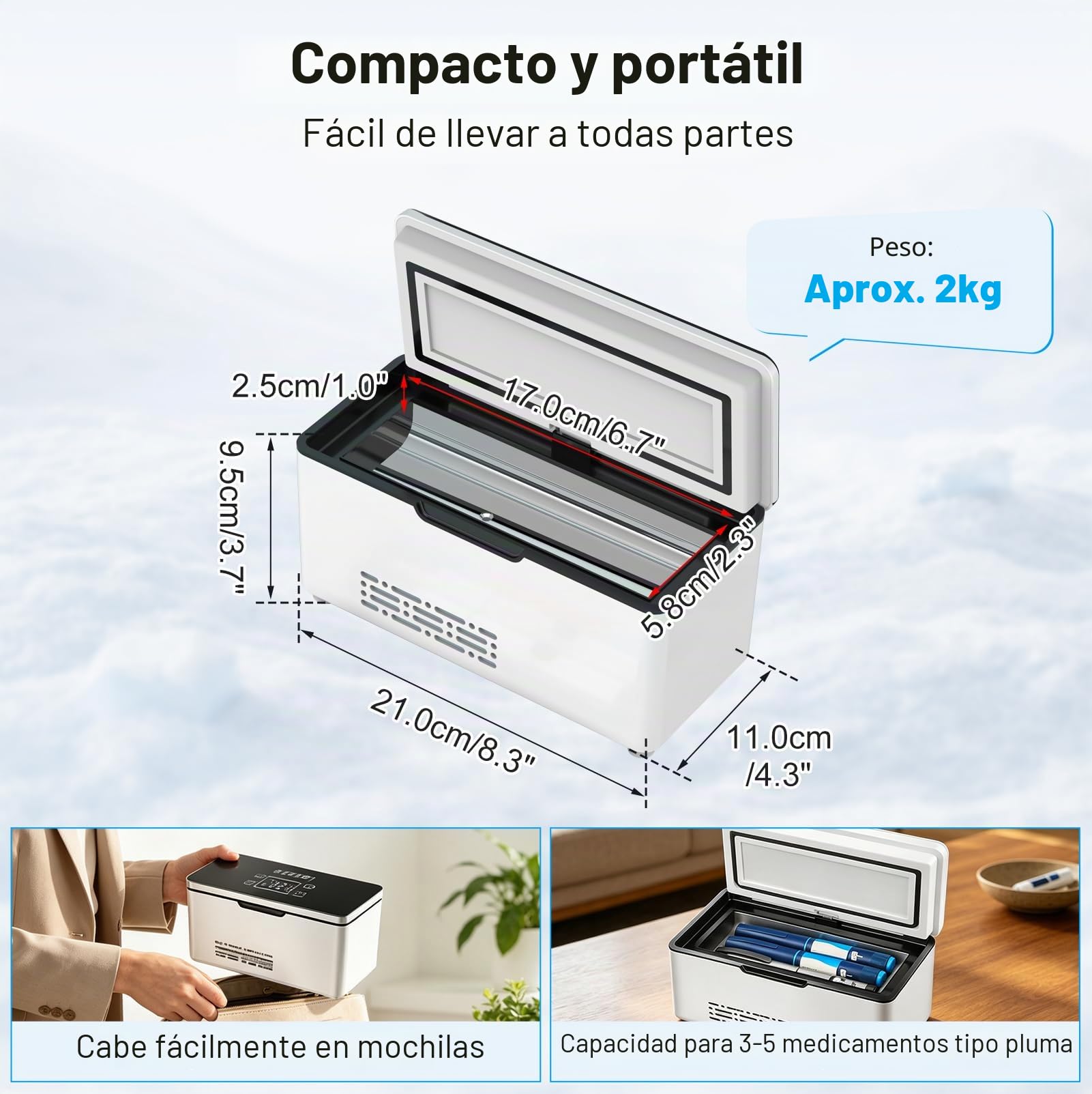 Nevera Insulina Viaje, Nevera Medicamentos Portátil Electrica, 2 a 8 ℃ | Mini Enfriador de Insulina, Temperatura Ajustable, con Dos Baterías de 10200 mAh para Uso en Hogar, Viajes y Automóvil