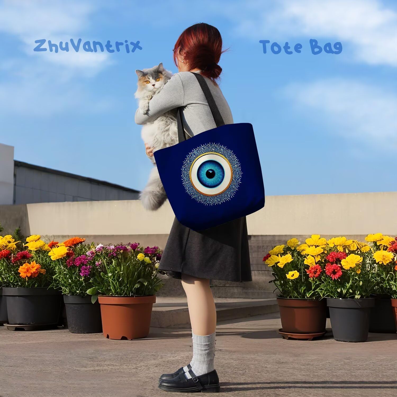 Blue Eye Tote Bag Reusable Grocery Bags Aesthetic Shopping Shoulder Handbag with Interior Zipper Pocket Stylish Blue Evil Eye Present for Women - Image 6