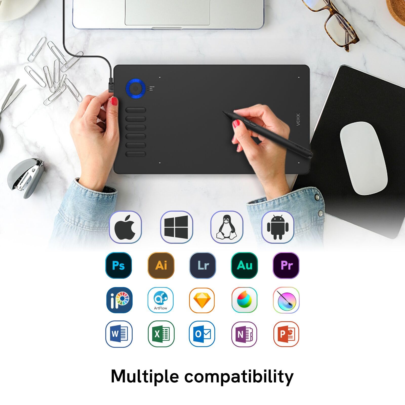 Tablette graphique pour PC VEIKK A15 Pro, 25,4 x 15,2 cm, avec stylo sans pile et 12 touches express pour peinture et édition de photos, compatible avec Windows, Mac, Linux, chrome OS et Anroid