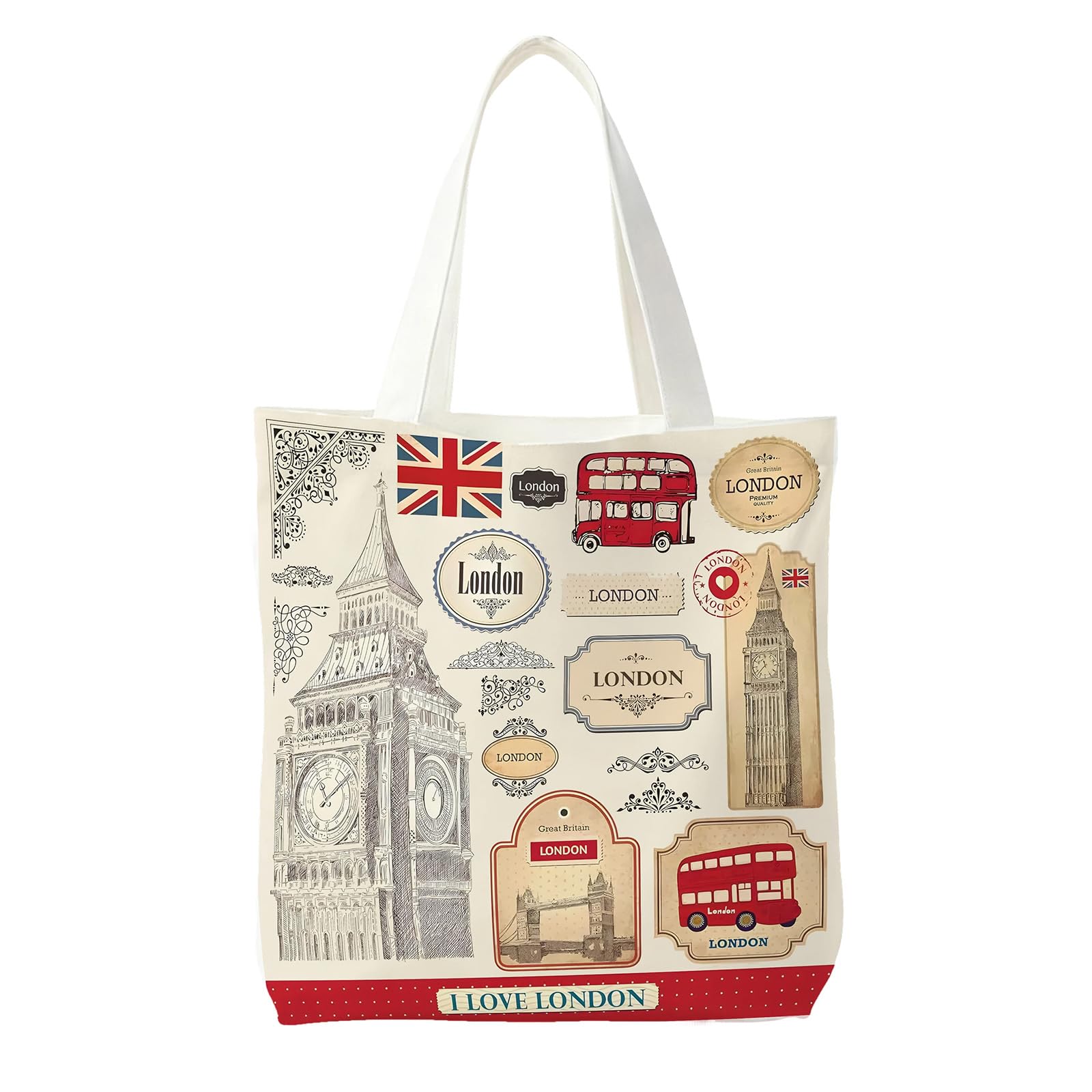 Leseogye London Tote Bag, Double-Sided Print Canvas Tote Bag for Women, London Souvenirs, Reusable Shopping Bags, London Souvenirs Gifts for Birthday Housewarming Vacation Memory