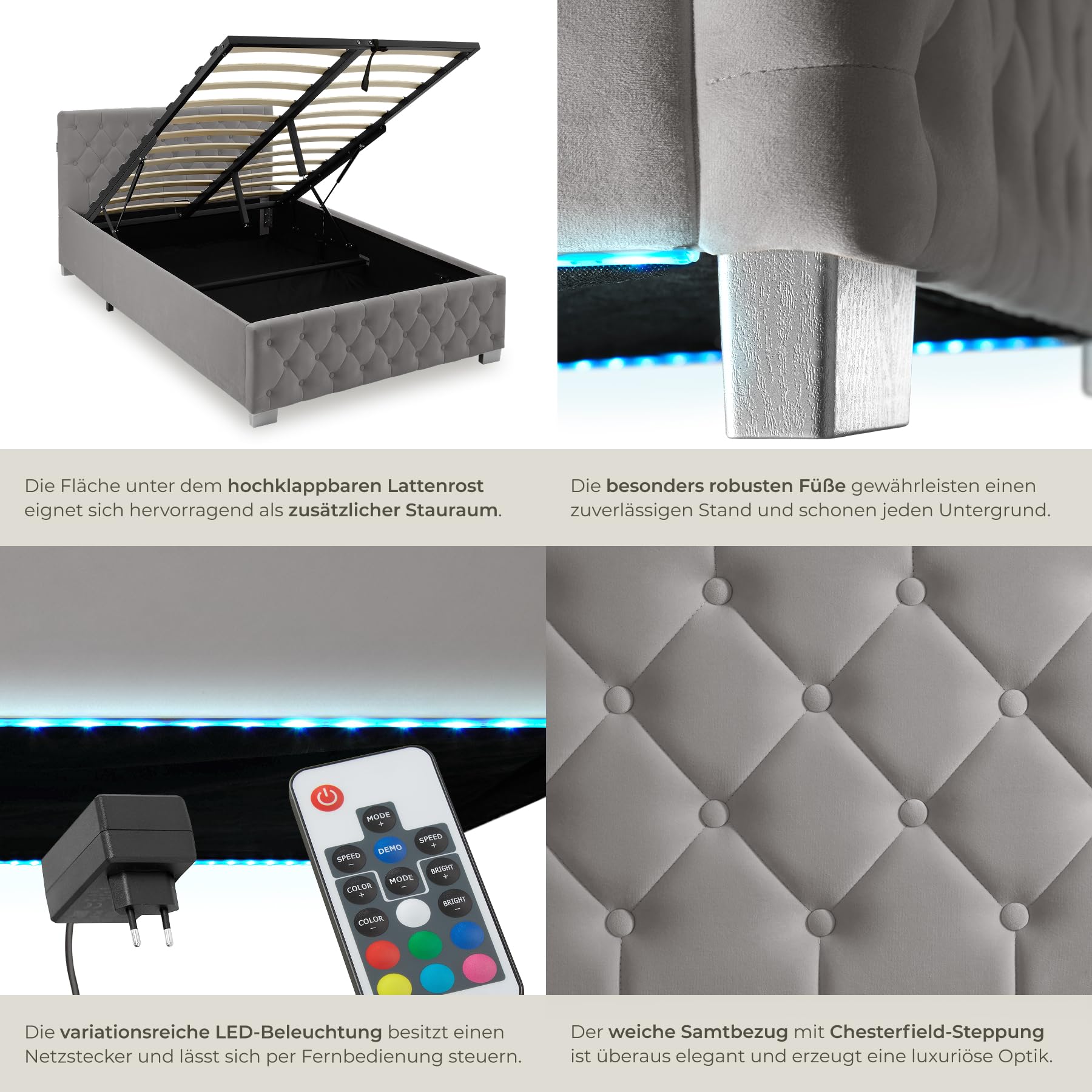 tectake® Polsterbett, 120x200cm, mit LED-Beleuchtung, 200kg Belastbarkeit, Stauraum, Gasdruckfeder, Chesterfield Samtbezug, Bettgestell, Lattenrost, Schlafzimmermöbel, Bettkasten - dunkelgrau