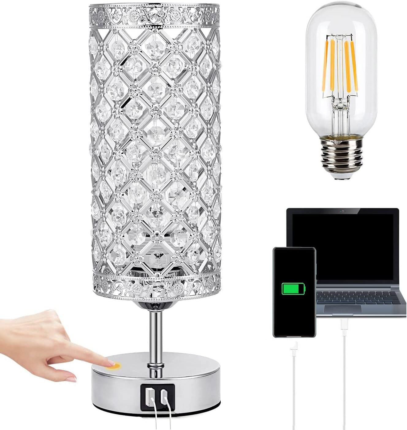 GZKPL Crystal Table Lamp, Touch Control Bedside Nightstand Desk Lamps