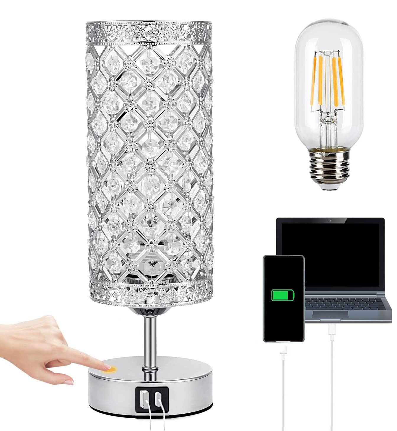 Lampada da tavolo in cristallo, da comodino con controllo tattile, dimmerabile, K9, con 2 porte di ricarica USB e lampadina inclusa, per casa, ufficio, soggiorno (argento)