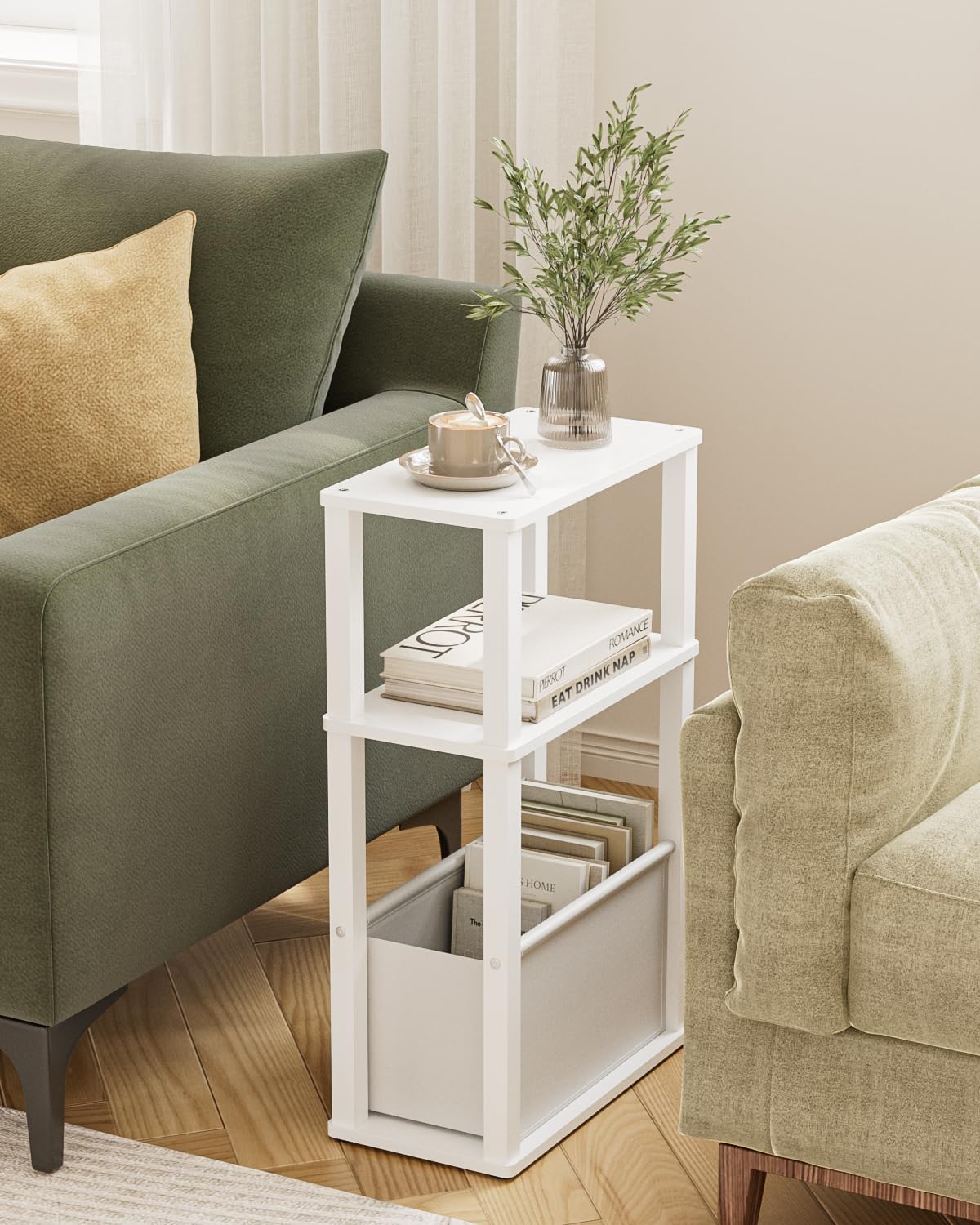 Beistelltisch Schmal mit Stauraum, Schmale Beistelltisch mit Beutel, 3-stufiger schmale Nachttisch, Kleiner Couchtisch für kleine Räume,Schlafzimmer,Wohnzimmer,Büro(Weiß)