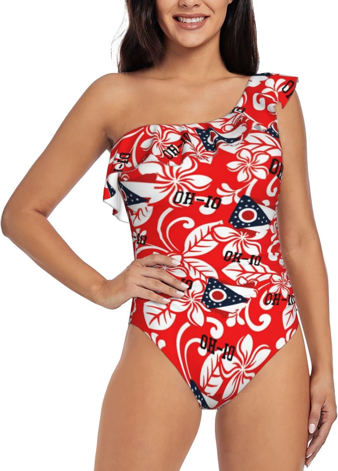 New Oh-Io State Women's One Piece Swimsuit Belly Slim Fit Ruffle One Shoulder Swimsuit