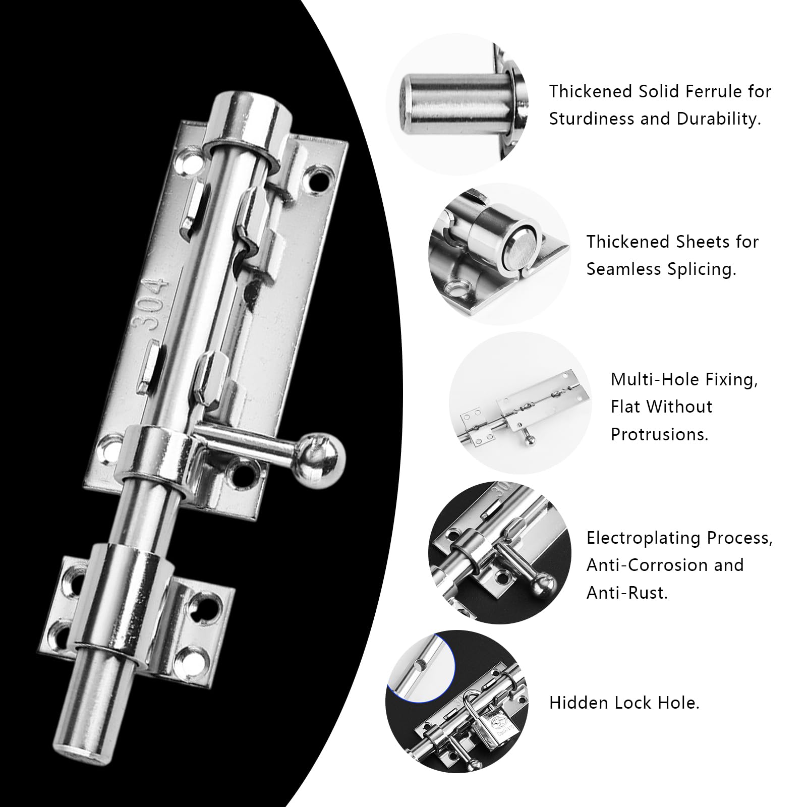 6 Inch Sliding Bolt Lock, Door Bolt Bolt Lock, Door Lock Bolt Heavy Duty 304 Stainless Steel Gate Bolt - Image 3