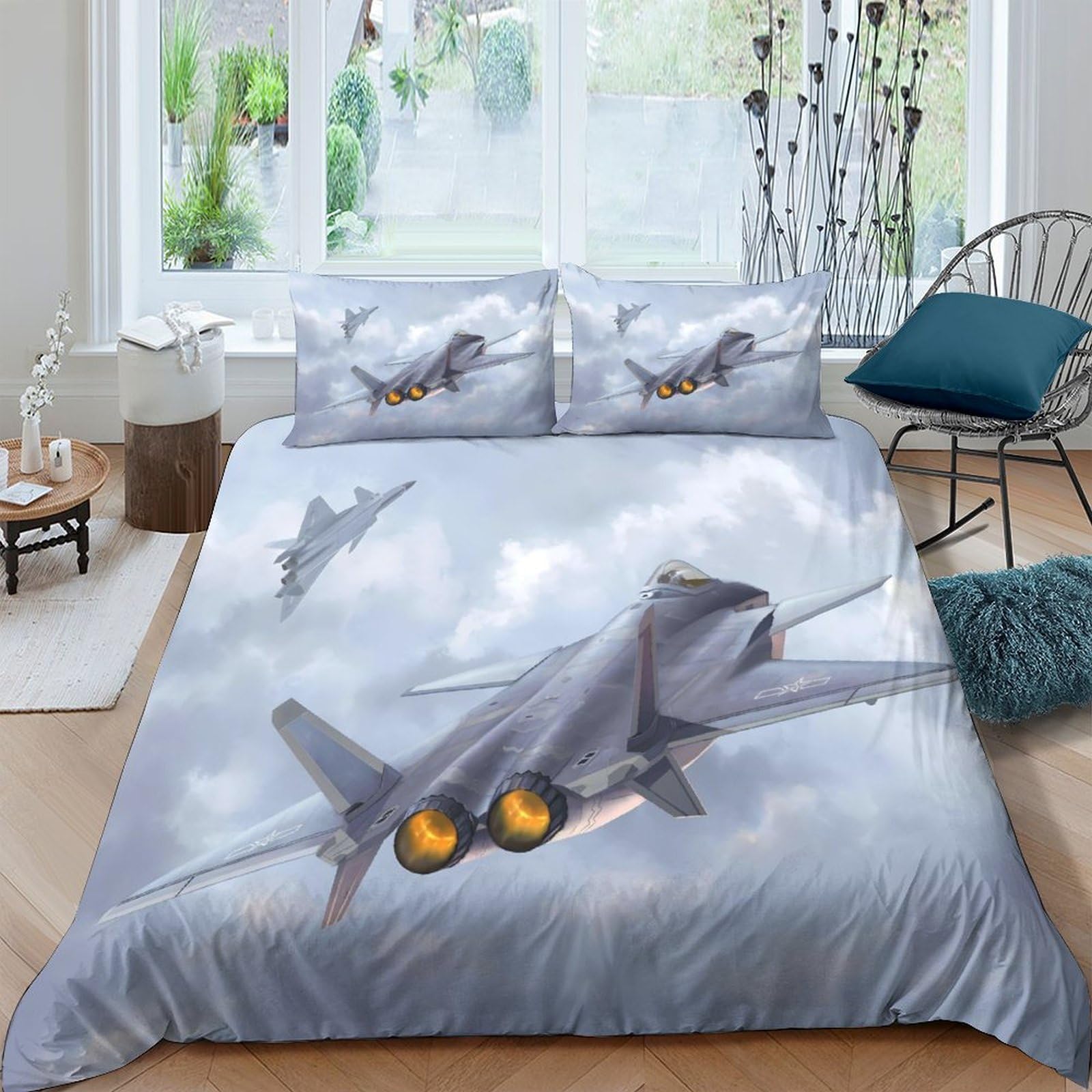 Ctjqhvkz Style-1 3D Printed Fighter Jet Fitted Sheet Microfiber Grey Sky Bedroom Decor Aircraft Bed Cover For Home Guest Room Single（135X200cm）
