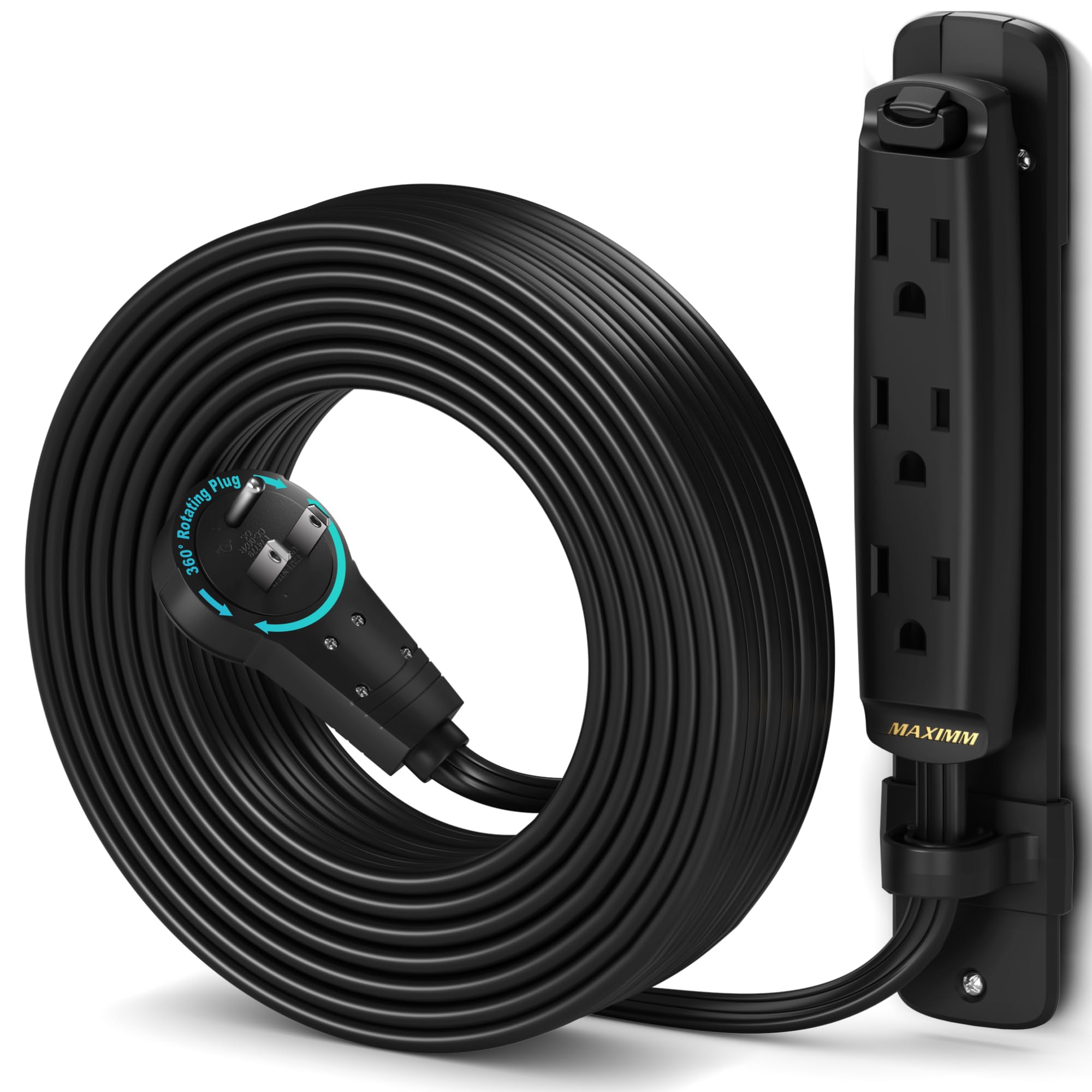 Maximm 360 Degree Rotating Flat Extension Cord 25 Ft Multi 3 Outlet Power Cord with Mounting Bracket, Grounded 16 AWG UL Certified, Black