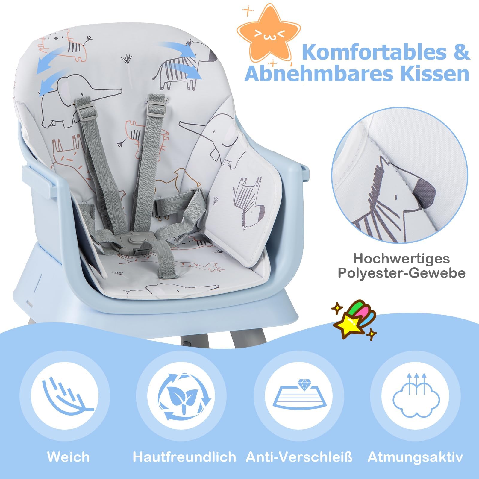 FANTASK Seggiolone 6 in 1 con cintura di sicurezza e vassoio rimovibile, tavolo da costruzione e seggiolone, tavolo educativo e sedia combinata, seggiolone (blu)