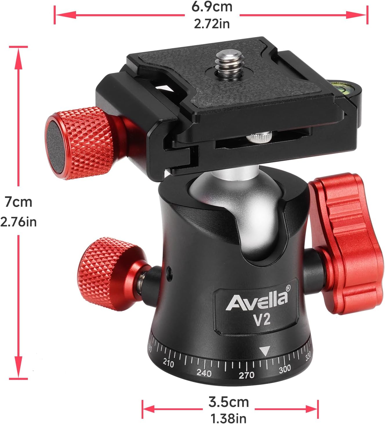 Avella V2 Professional Metal 360 Degree Rotating Ball Head with 1/4 inch Quick Release Plate and Bubble Level,up to 11pounds/5kilograms,for Tripod,Monopod,Slider,DSLR Camera,Camcorder