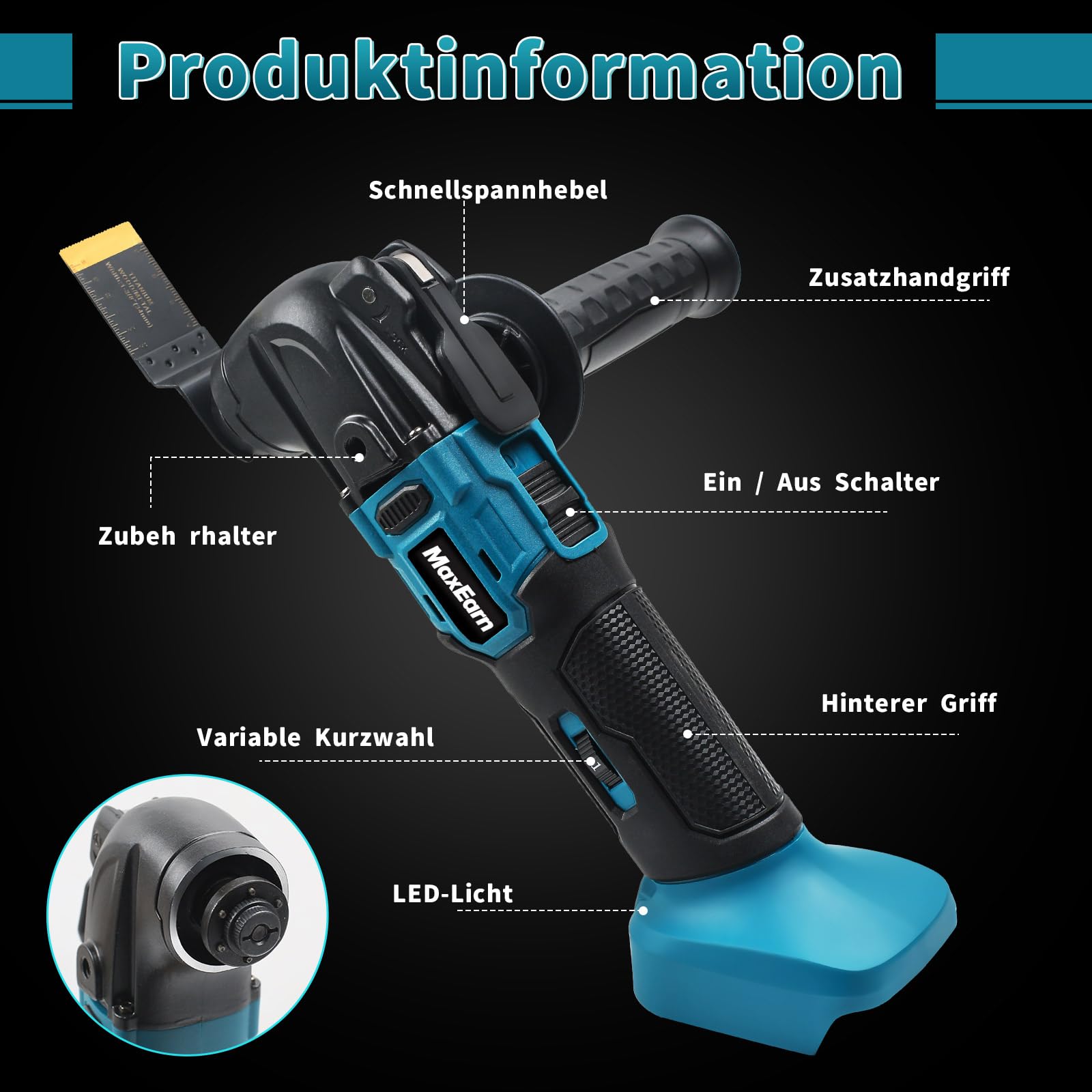 Akku-Multifunktionswerkzeug mit 6 Titan Sägeblätter + 15 Sandpapier, Kabelloses Oszillierendes Werkzeug-Set für Makita 18V, Multitool Bürstenlos zum Schaben Schneiden Schleifen (ohne Akku)