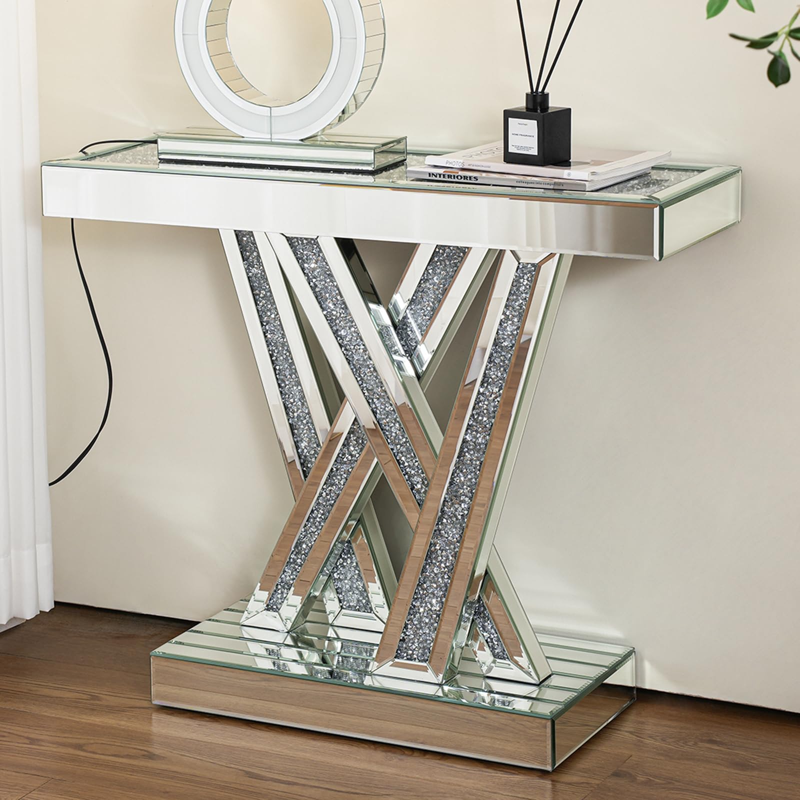 Silver Modern Console Table Mirrored, Glass Sofa Table Inlay with Crushed Crystals, 35-Inch Entryway Table with W-Shaped Base, Rectangular Accent