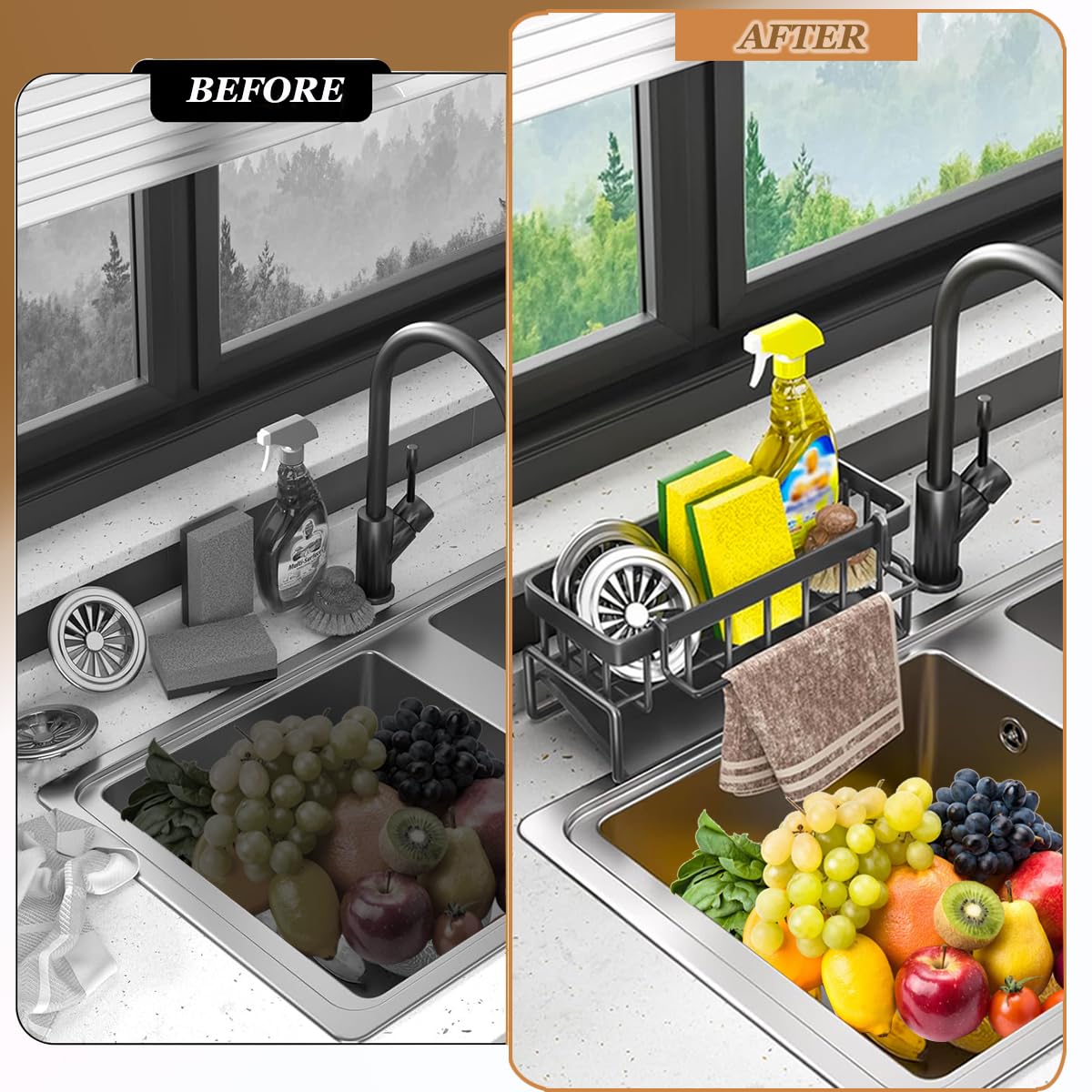 Vanwood Porta Spugne Per Lavello Da Cucina: Vassoio Autodrenante In Acciaio Inox 304, Organizer Con Antiscivolo